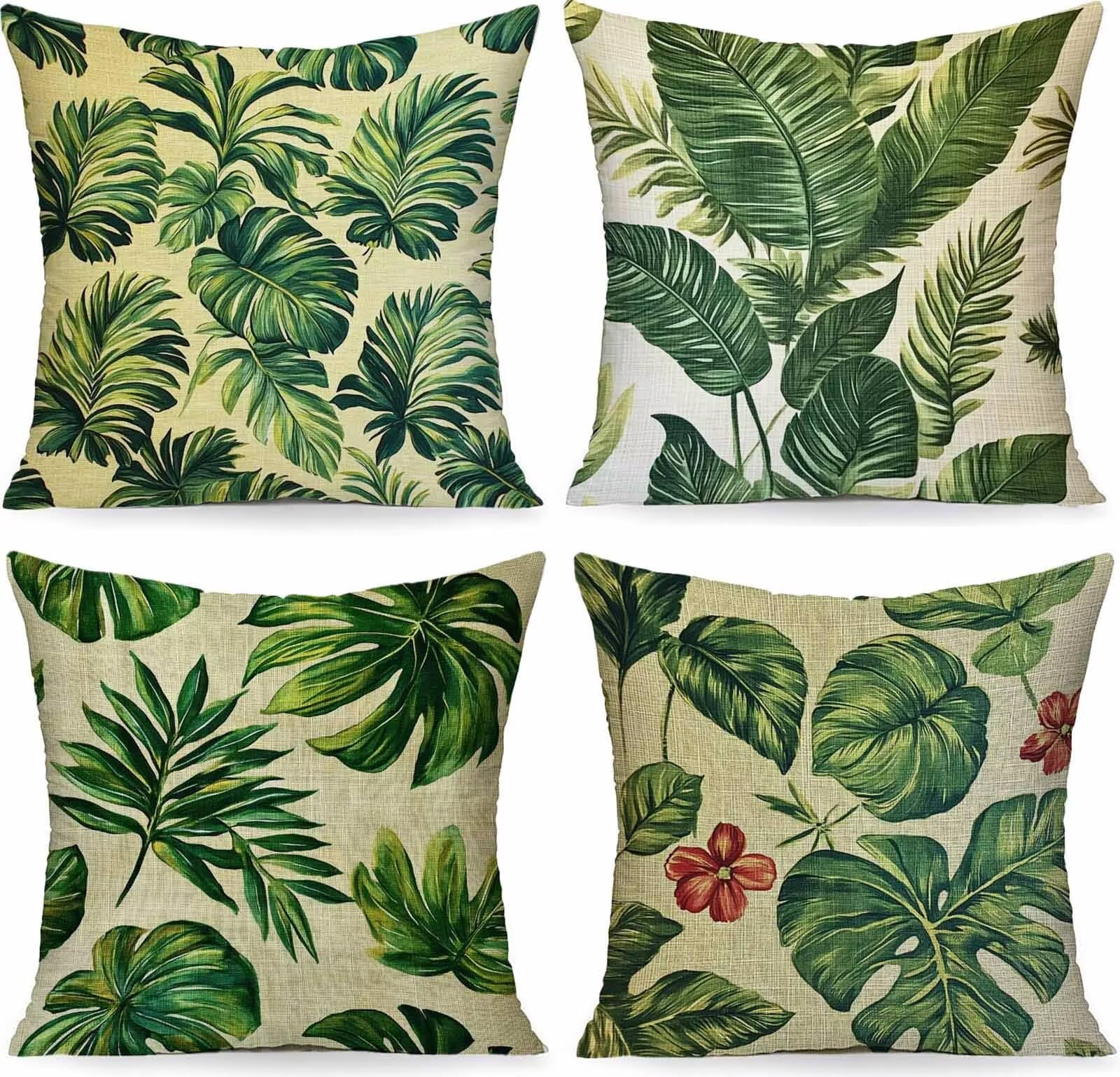 Vert Housse Coussin 65X65cm Feuilles Conception de Motifs Lin Matériel Coussin Canape Lot de 4, avec Fermeture Eclair Caché Exterieur Impermeable pour Lit Chambre Canapé Decoration Maison PjY8474 4-1