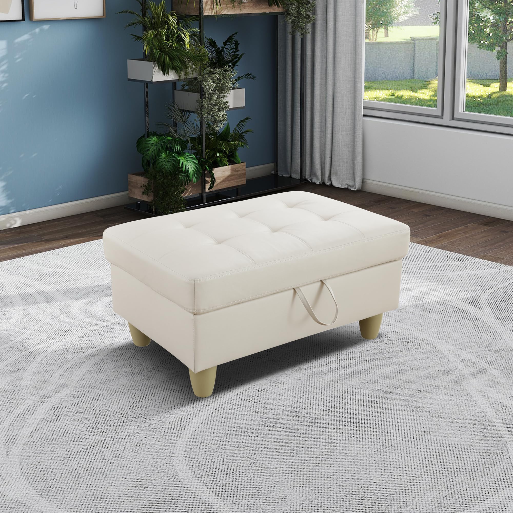 ottoman, faux leather storage ottoman bench, modern 33.5" large square entryway bench ottoman with storage for living room/apartment/bedroom/rv car,vanilla white