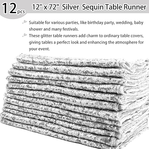 Miniatura 2 de 12 paquetes de camino de mesa de lentejuelas plateadas de 12 x 72 pulgadas con purpurina para cumpleaños, boda, compromiso, novia, baby shower,