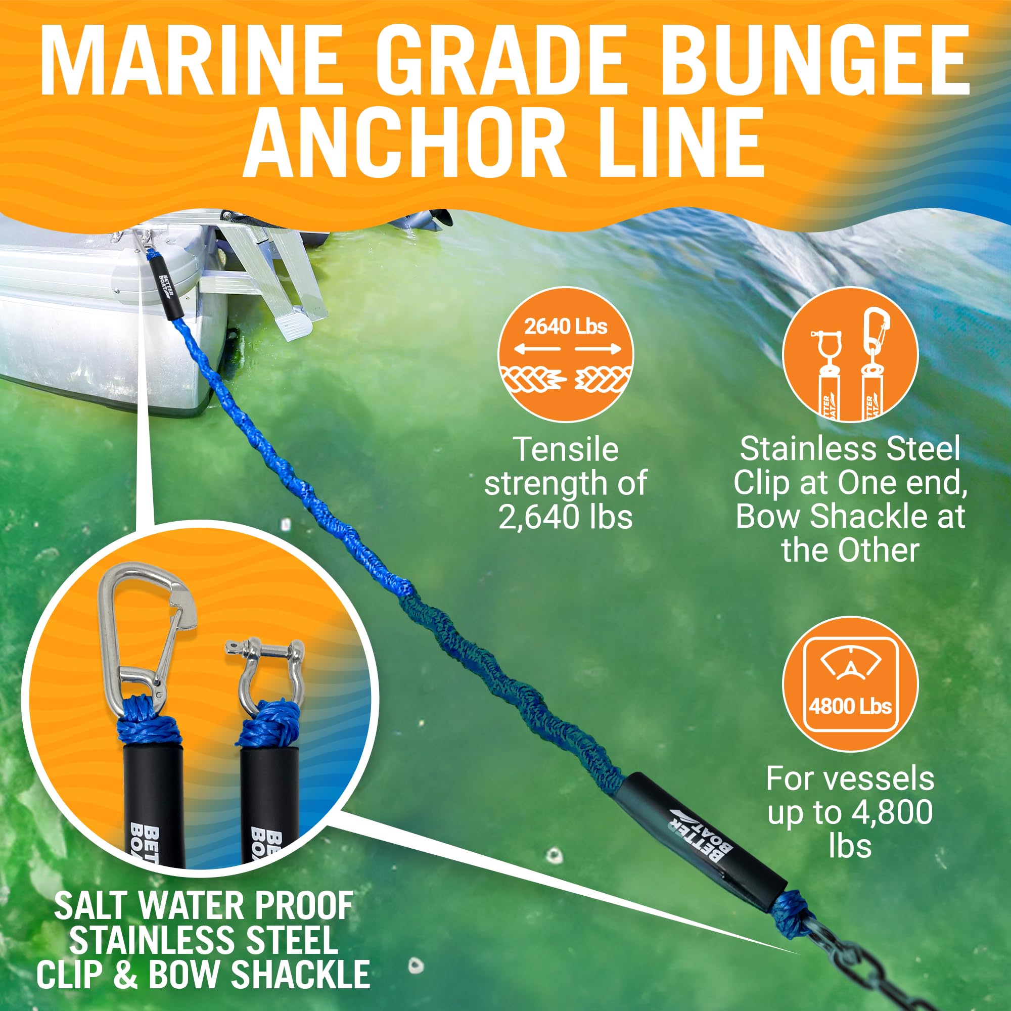 Bungee Anchor Rope, Elastic Snubber Anchor Line, 14 ft to 25 ft Stretch, Blue, for Boats and Anchors