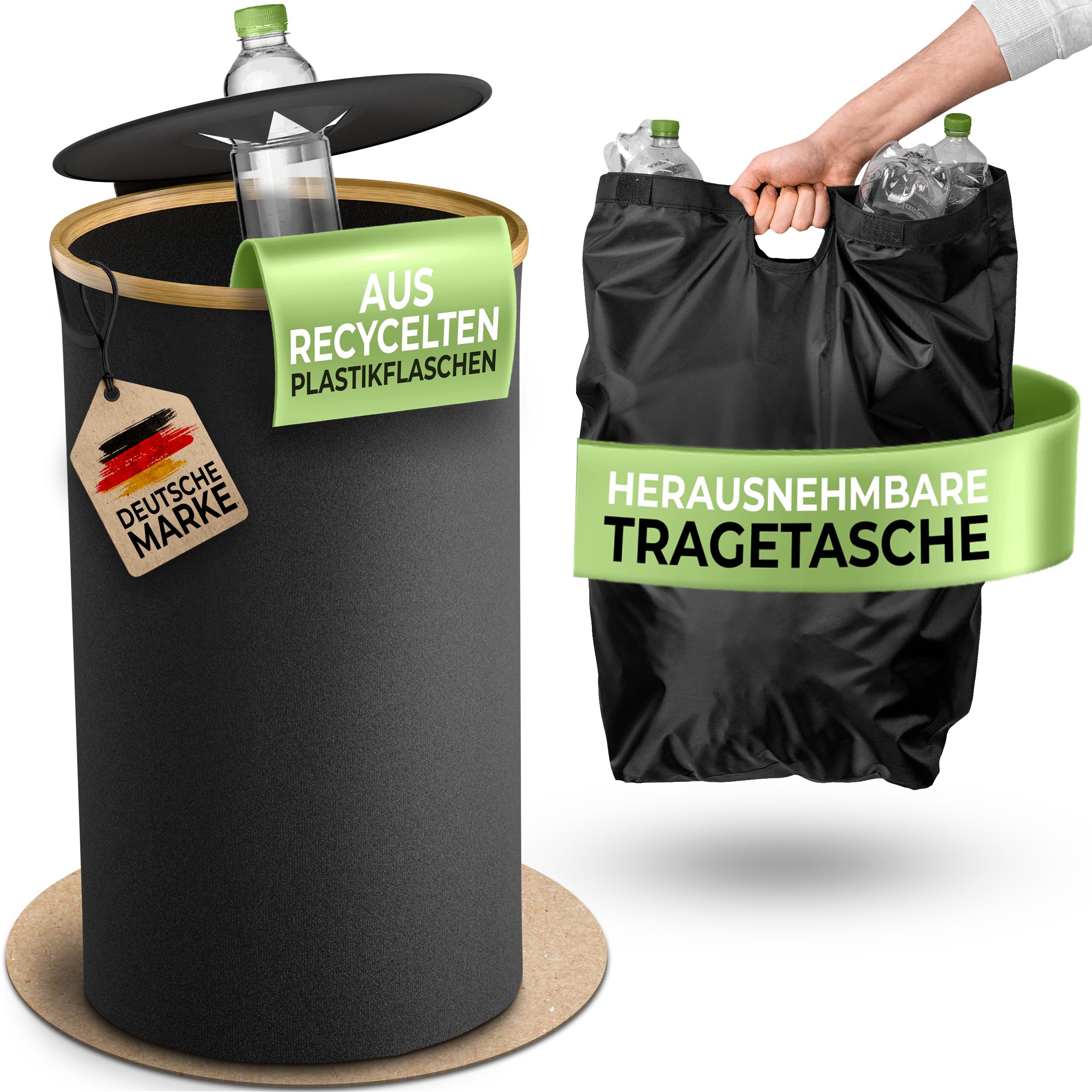 Glückstoff®️ Runde Pfandflaschen Aufbewahrung [inkl. XXL Tragetasche] Sammel-Behälter Leergut & Altglas Aufbewahrung für Pfandflaschen | Flaschensammler Küche | Abstellraum Flaschentasche Schwarz