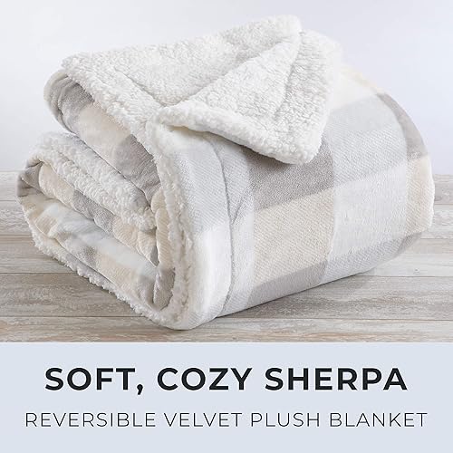 Miniatura 6 de Manta reversible de Sherpa y vellón aterciopelado. Manta para cama suave, cálida y mullida de vellón. Colección Kinsley (Individual, gris topo