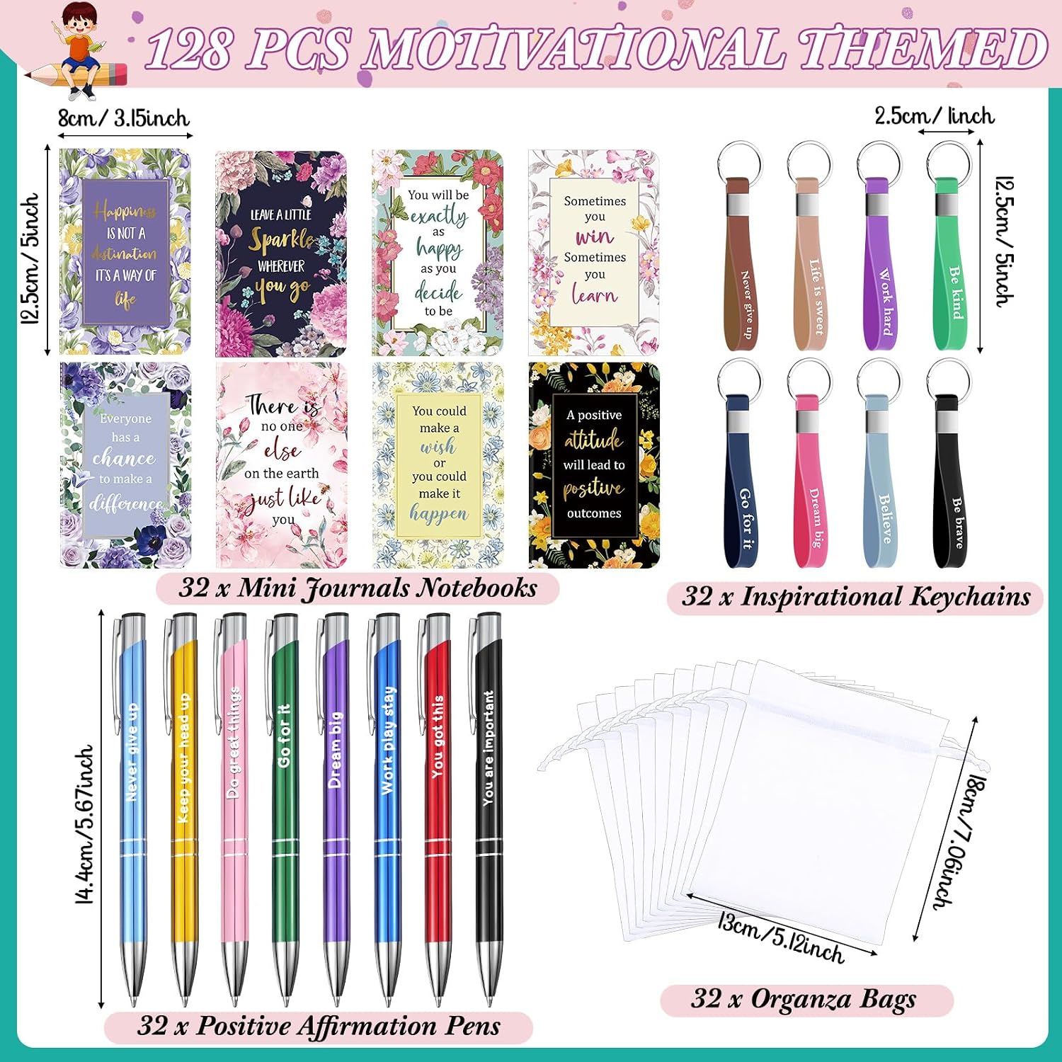 Pajean 128 Pcs Inspirational Gifts Bulk Motivational Notebooks Journal Ballpoint Pens Positive Keychains Organza Bags for Students Teachers Employee School Office Prizes Favors Supplies(Floral)