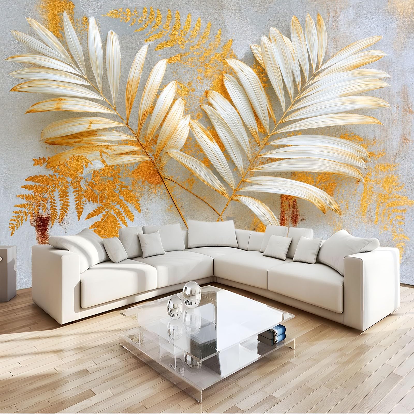 Panoramiczna minimalistyczna tapeta z liści palmowych gałęzie botaniczny szary grafitowy 350 x 256 cm - nowoczesny gobelin ścienny z włókniny do salonu, sypialni lub pokoju dziecięcego