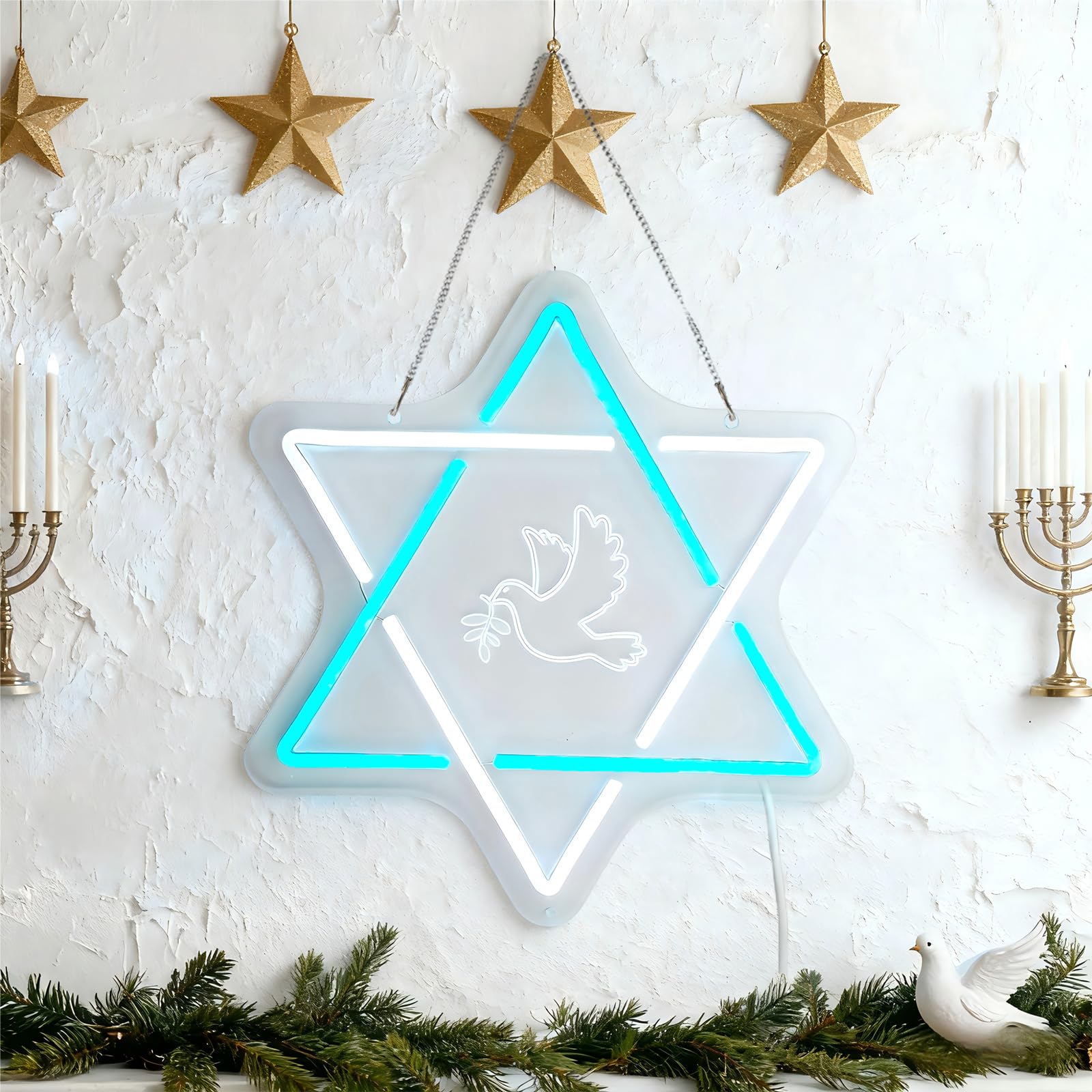 Star of David Hanukkah - Insegna al neon a LED, decorazione per la casa, decorazione da parete Happy Hanukkah, alimentata tramite USB, regalo per le vacanze della Menorah ebraica in camera da letto