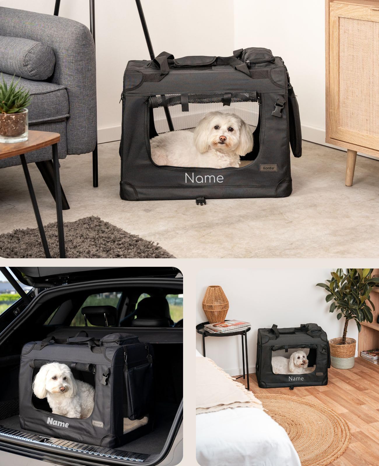 lionto Borsa trasportino per cani pieghevole per viaggi e auto, 60x42x44 cm, box di trasporto stabile con maniglie per gatti e animali fino a 12 kg, scatola in tessuto, nero (con nome stampato)