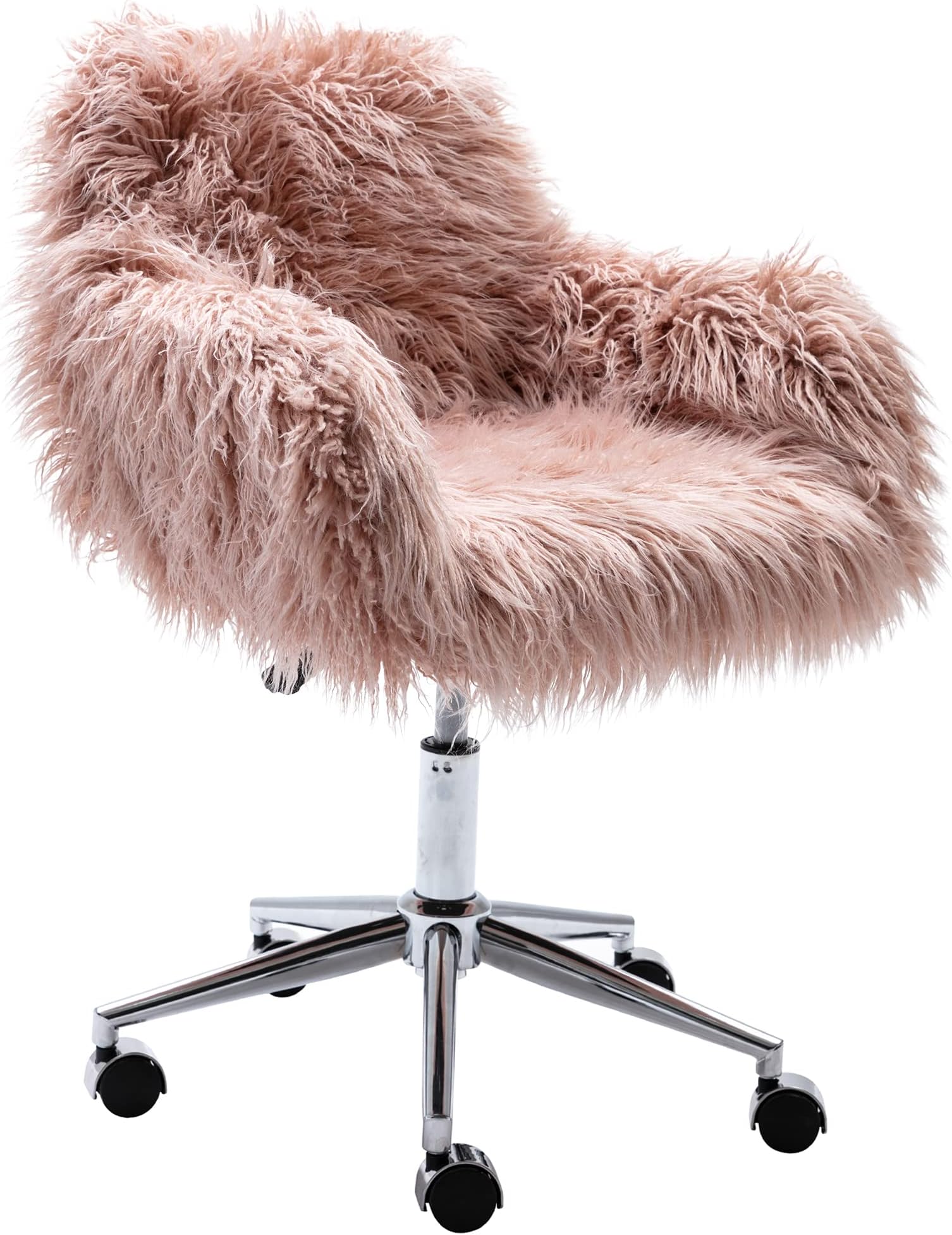 KCC Fluffy Desk Chair, Faux Fur Modern Swivel Armchair with Wheels,Pink