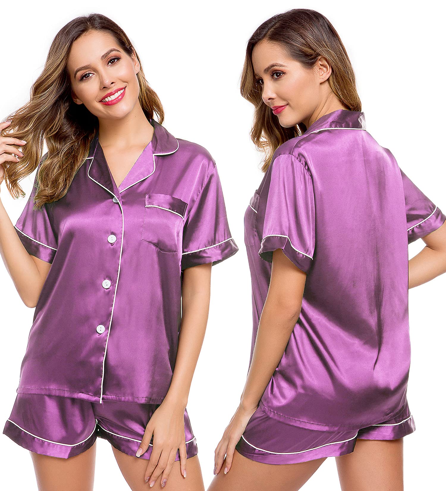 LecGee Womens Silk Satin Pajamas Short Sleeve Loungewear Two-Piece Sleepwear Button-Down Pj Set