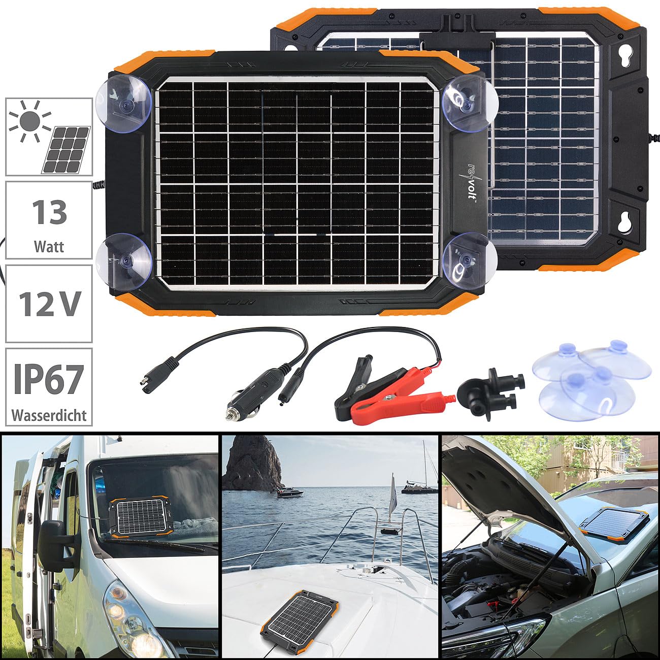 revolt Solarlader: Bifaziales Solar-Ladegerät für Kfz-/Wohnmobil-Batterien, 12 V, 13 Watt (Solar Batterieladegerät, Auto, Winter)