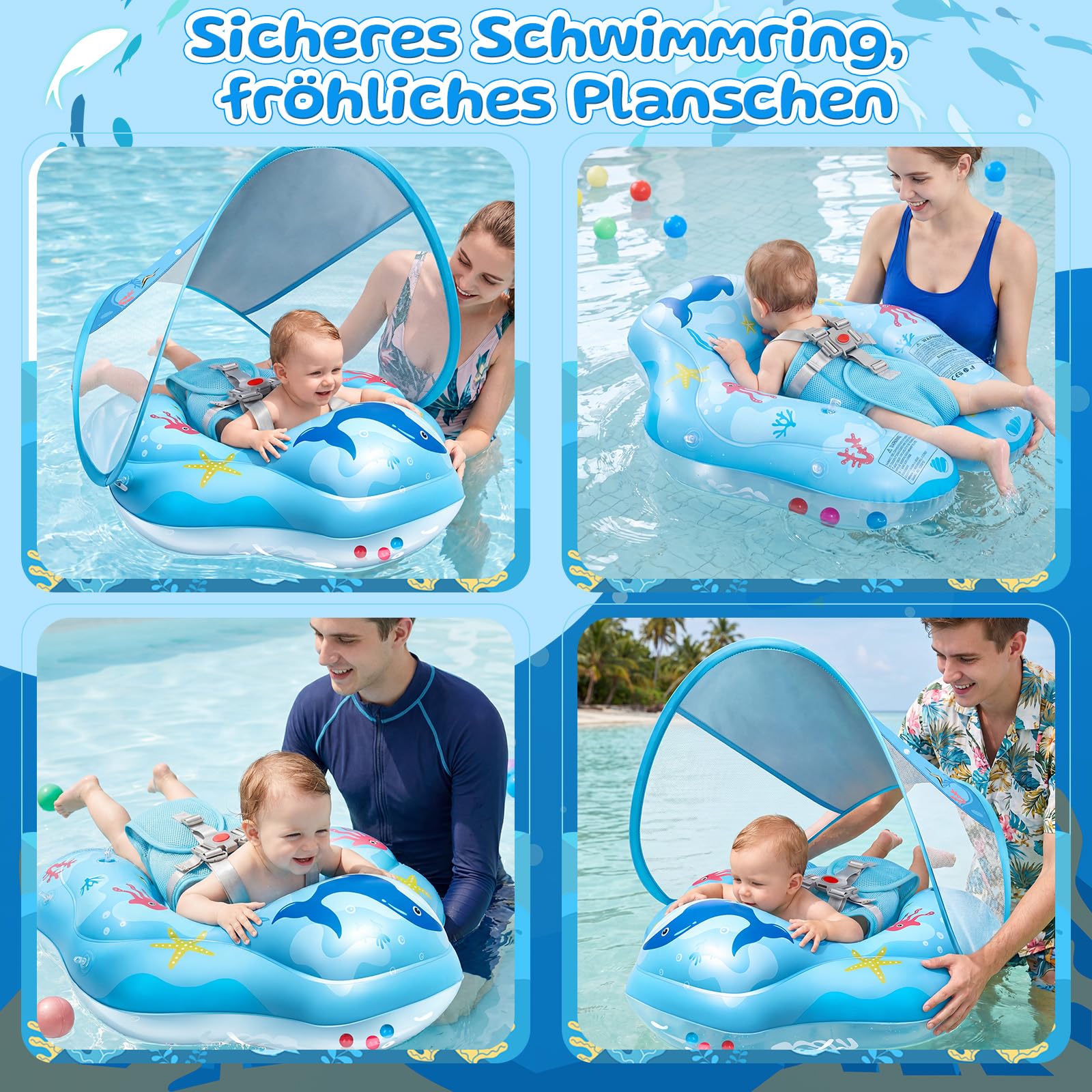 IEEILULU Schwimmring Baby, Baby Schwimmring mit Sonnendach Abnehmbarem UPF 50+ und Reparaturaufkleber, Schwimmtrainer Kleinkind für 6-36 Monaten für Pool, Strand und Schwimmbad
