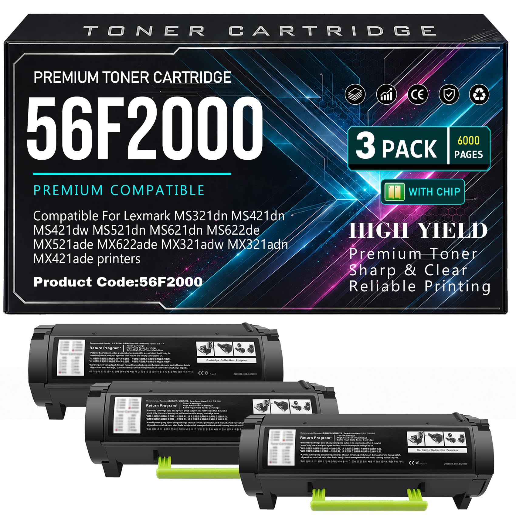 MS621dn MS622de Cartucce toner 56F2000 per Lexmark MS321dn MS421dn | MS421dnMS421dw MS521dn MX521ade MX622ade MX321adw MX321adn MX421ade Stampanti con chip 6000 pagine,56F2000-3PC