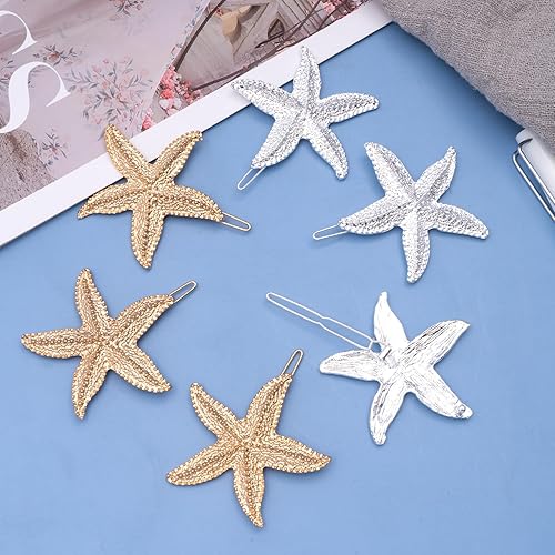 Miniatura 3 de 6 pinzas para el pelo de estrella de mar, sirena, estrella de mar, cola de caballo, flequillo dorado y plateado con purpurina, accesorios para el