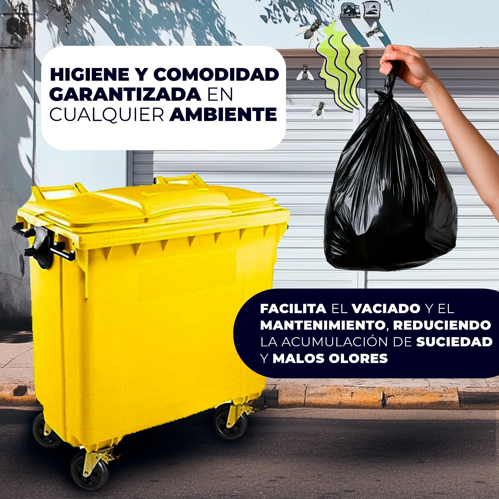 SSI Contenedor de Basura 770L con Tapa Plana - Ruedas con Freno, Desagüe Inferior, Cumple Normativa EN-840, Ideal para Grandes Volúmenes de Residuos y Reciclaje en Exteriores (Amarillo, 770 litros)