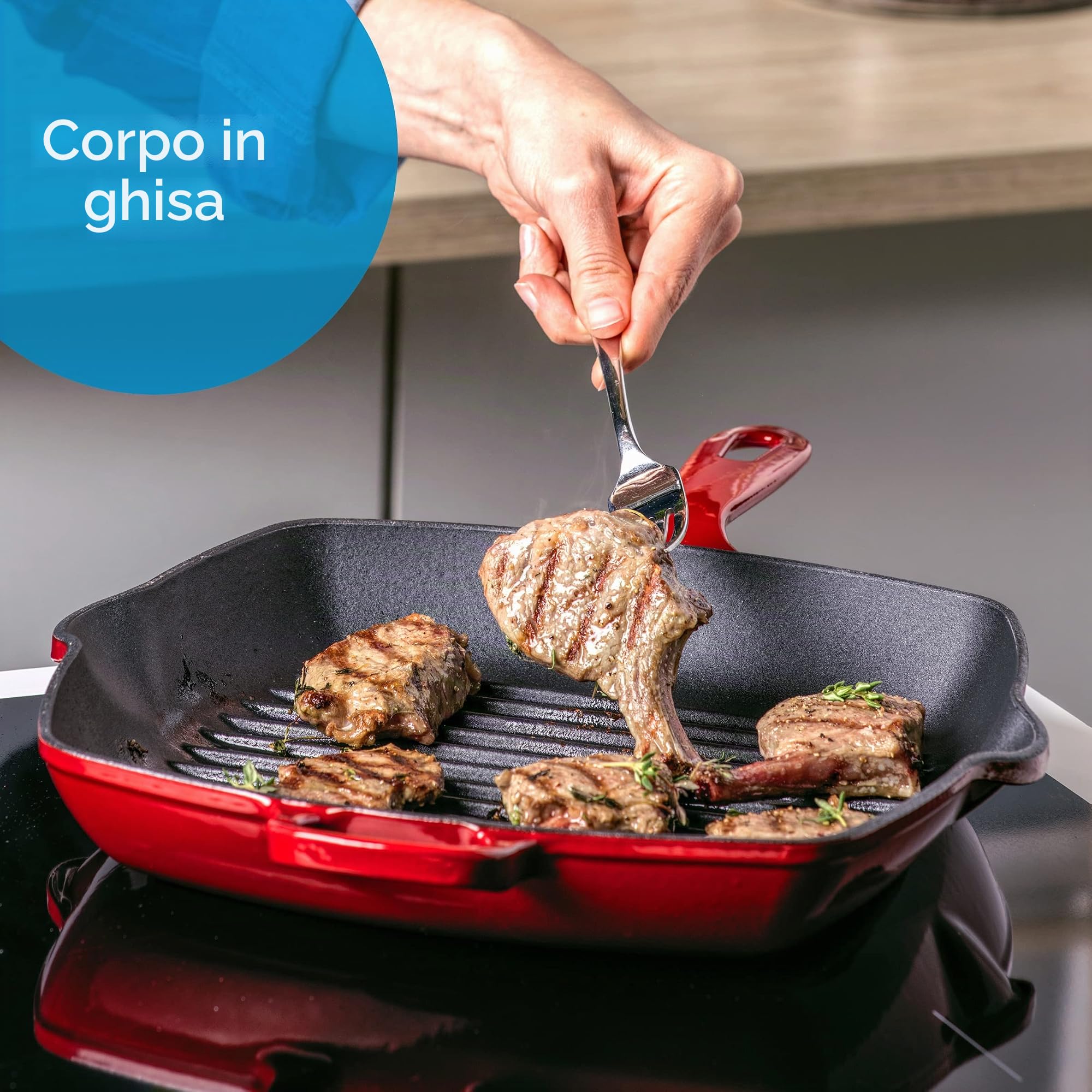 BK Bourgogne Padella per Grigliare Antiaderente in Ghisa Smaltata a Induzione, Senza PFAS, Sicuro al Forno fino a 230˚C, Lavabile in lavastoviglie, Rosso Peperoncino