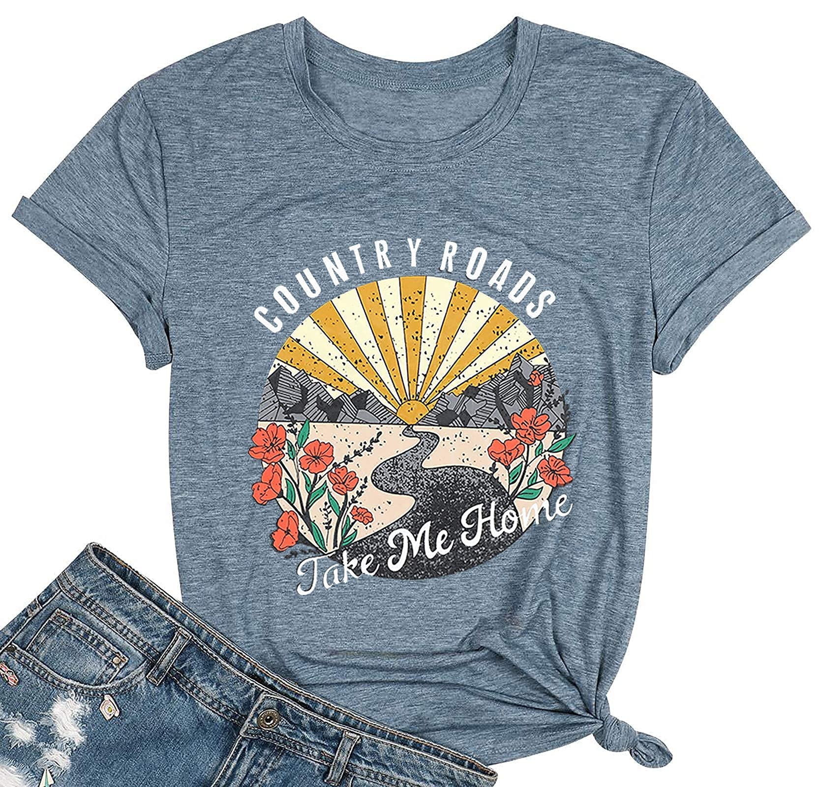 FASHGLCountry Music Shirts for Women Country Roads Take Me Home Shirt Vintage Western Short Sleeve Tees Top