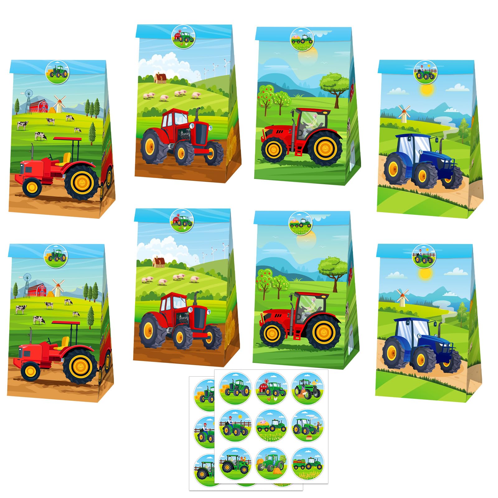 MORAINJAY 12 Pcs Tractor Party Bags, Farm Paper Gift Bags, Tractor Theme Favor Wrapping Bag, Kids Boys Birthday Party Decorations, with 18 Stickers