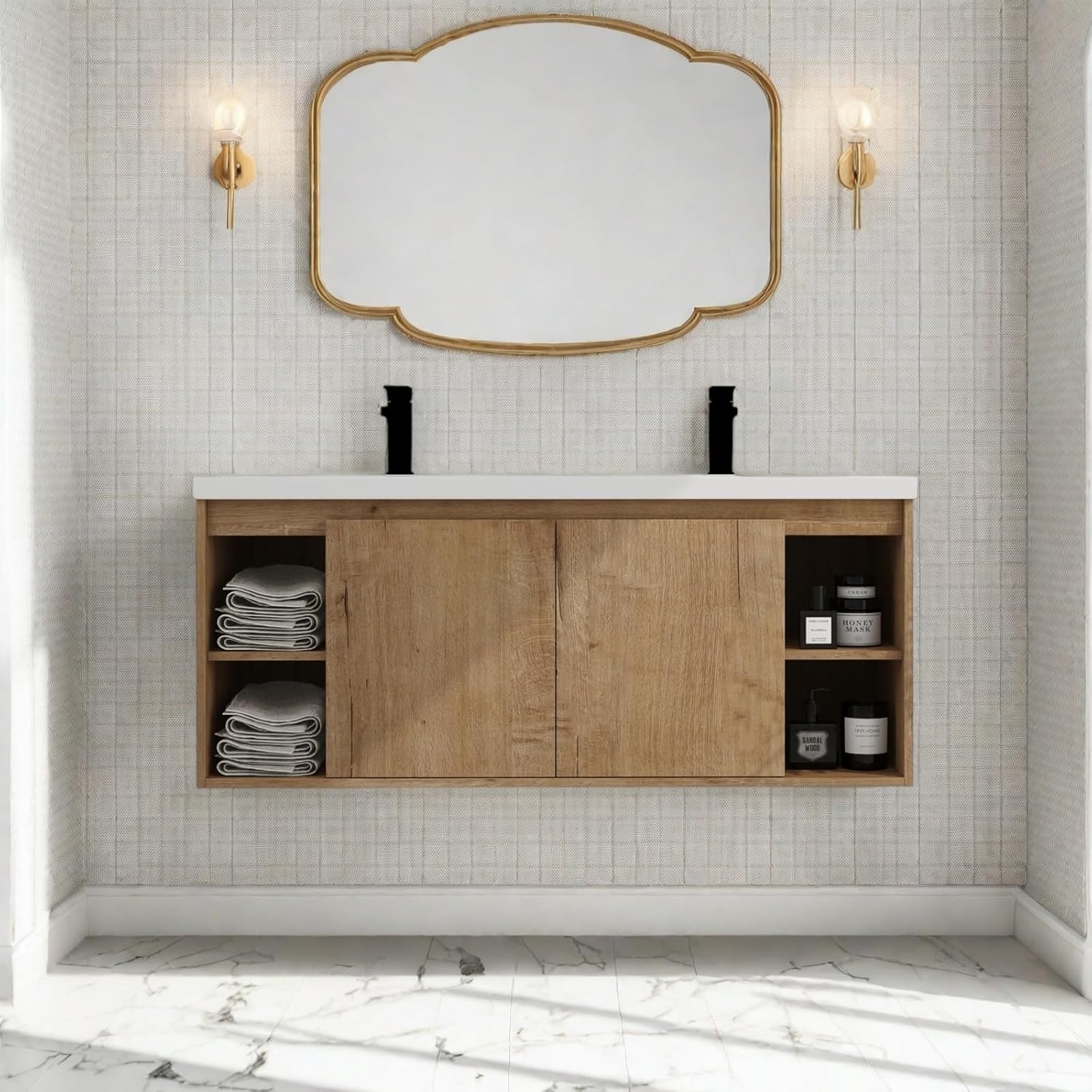Floating Bathroom Vanity, 48" Bathroom Storage Cabinet with Double Resin Sinks, 2 Soft-Close Doors & 4 Open Storage Shelves, Modern Wall-Mounted Vanity with 45° Bevel Handles, Oak