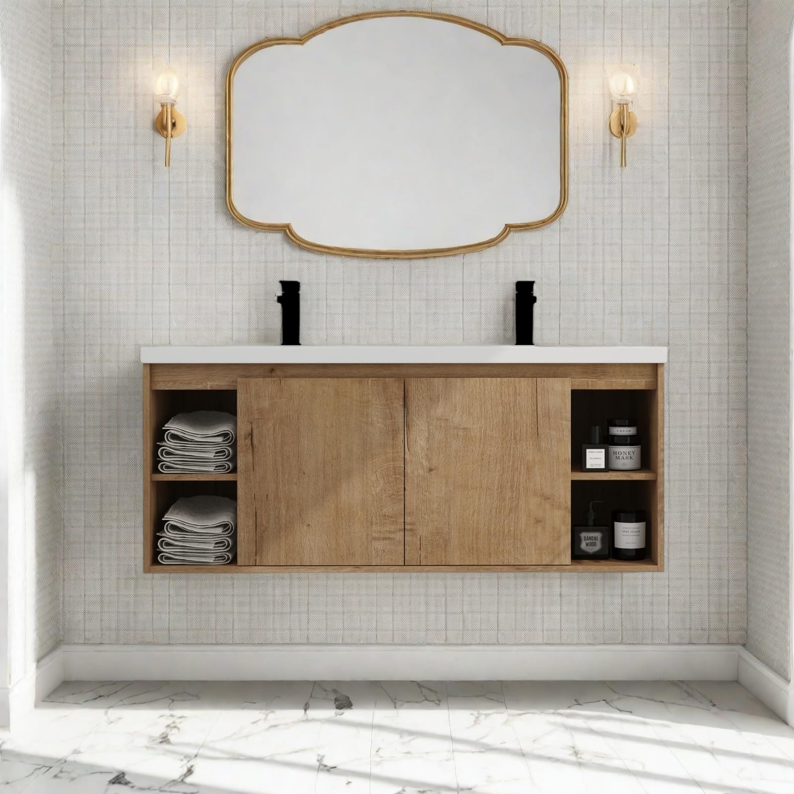 Floating Bathroom Vanity, 48" Bathroom Storage Cabinet with Double Resin Sinks, 2 Soft-Close Doors &amp; 4 Open Storage Shelves, Modern Wall-Mounted Vanity with 45° Bevel Handles, Oak