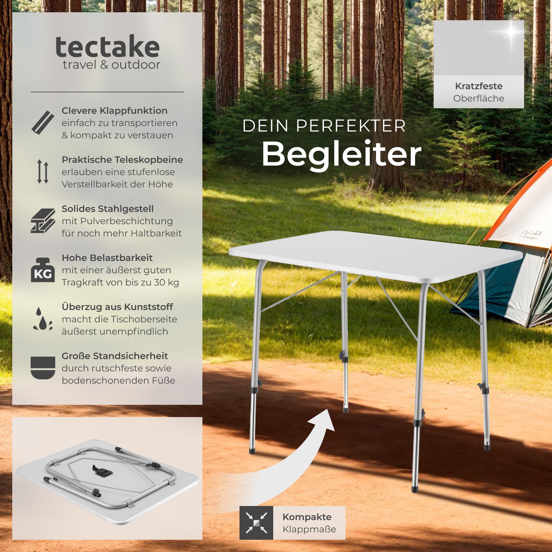 tectake® Campingtisch, Gartentisch klappbar, Klapptisch höhenverstellbar, verstellbare Teleskopbeine, Aluminium Kantenschutz, 80 x 60 x 68 cm, für Garten Terrasse Balkon Camping Picknick