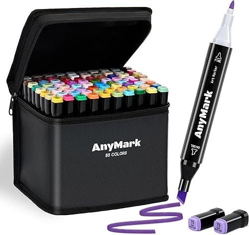 AnyMark Marcadores de alcohol, 80 colores de doble punta para niños y adultos, dibujo de libros, pintura, cincel y fino, negro