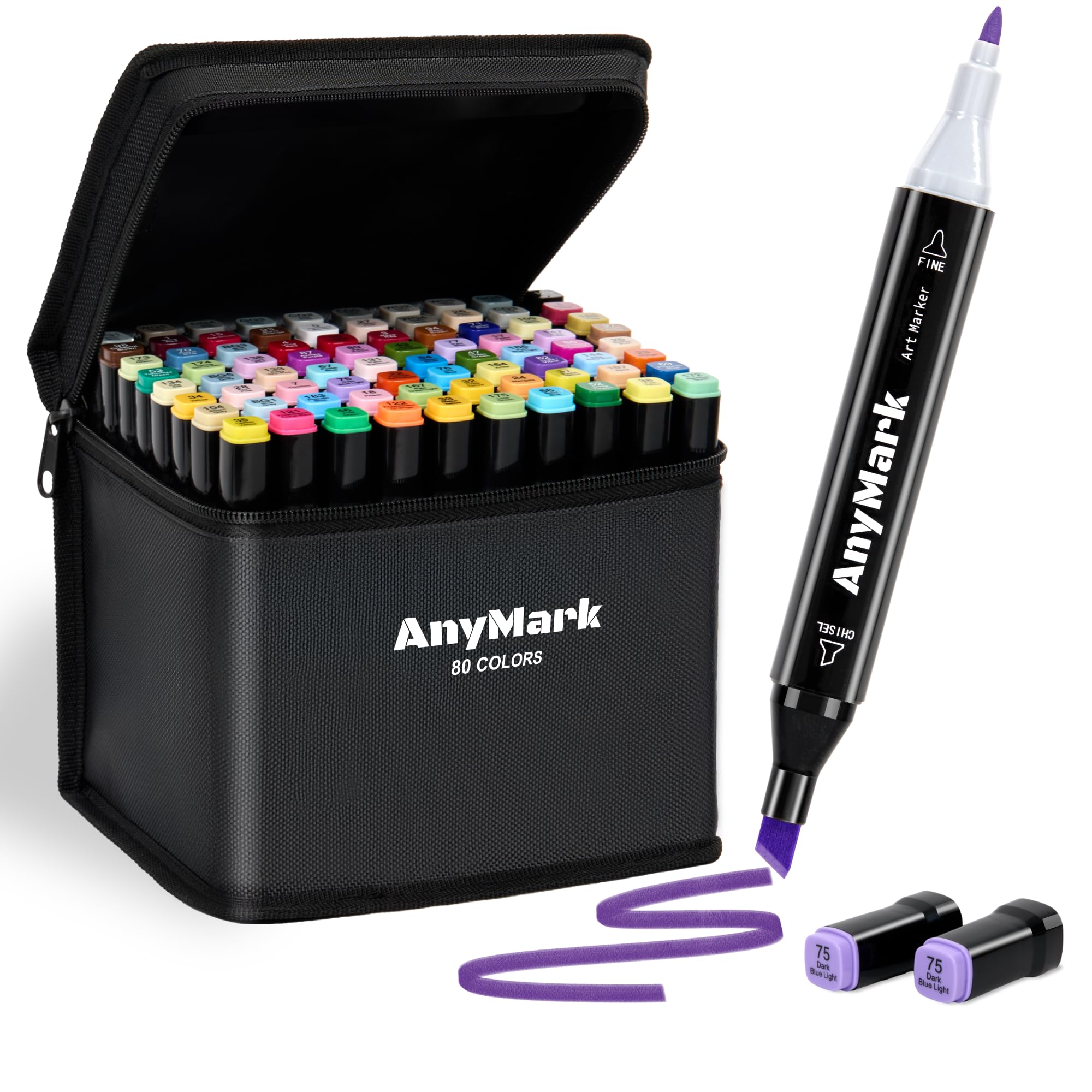 AnyMark Alcohol Markers, 80 Colors Dual Tip Art Coloring Markers Set for Adult Book Drawing Sketching Painting, Chisel & Fine, Black Penholder
