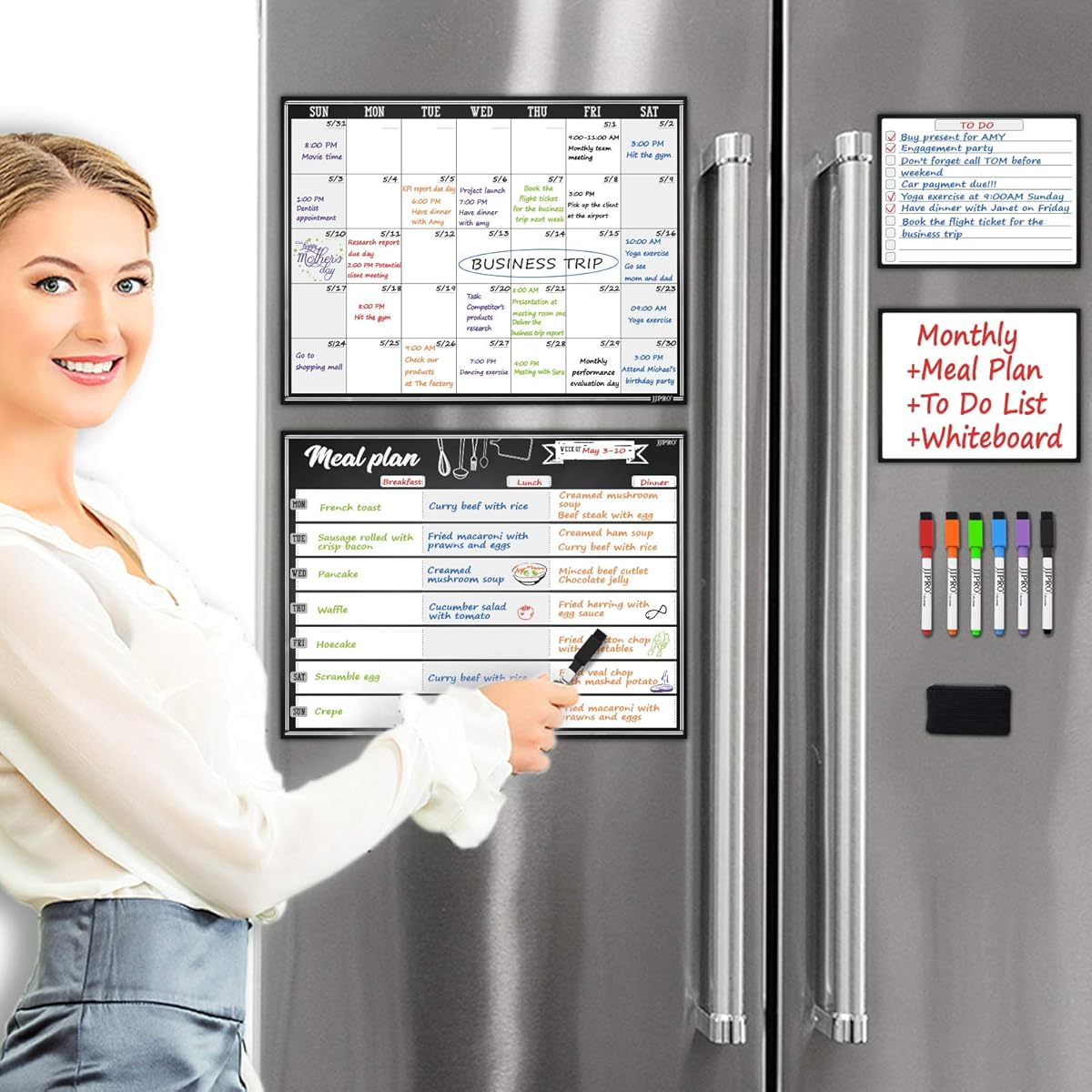 Magnetic Meal Planning Whiteboard Monthly Calendar for Fridge - Monthly Meal Planner Whiteboard Combo Set - Bonus to Do/Grocery List/Shopping List and Notepad whiteboard Included