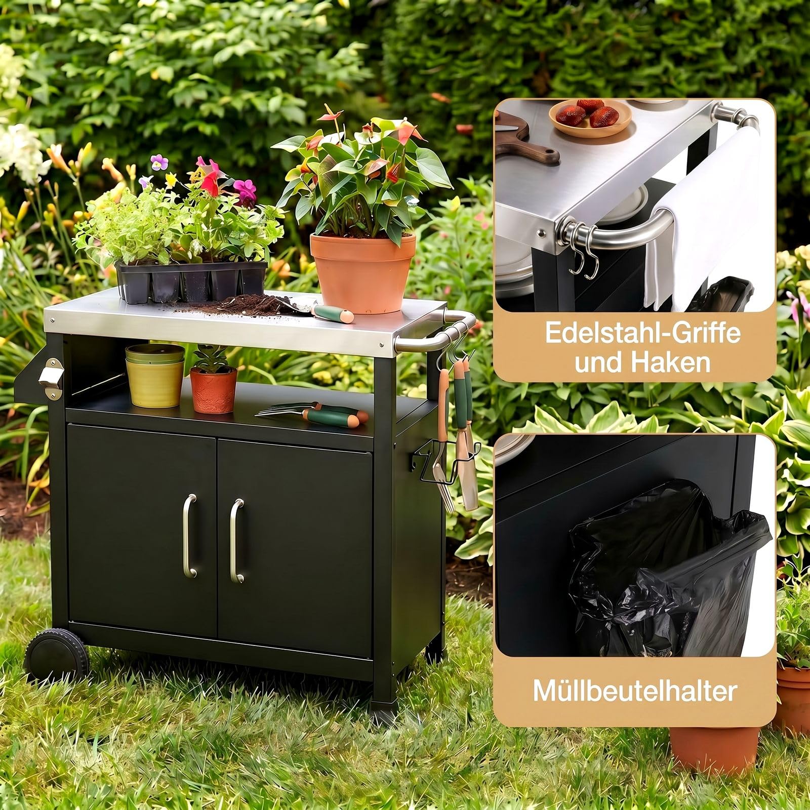 TLSUNNY Grilltisch Outdoor mit Edelstahl Tischplatte | Grillwagen mit Unterschrank, Servierwagen mit 2 Rollen, für Garten, Terrasse, Balkon, Partys, BBQ Beistelltisch