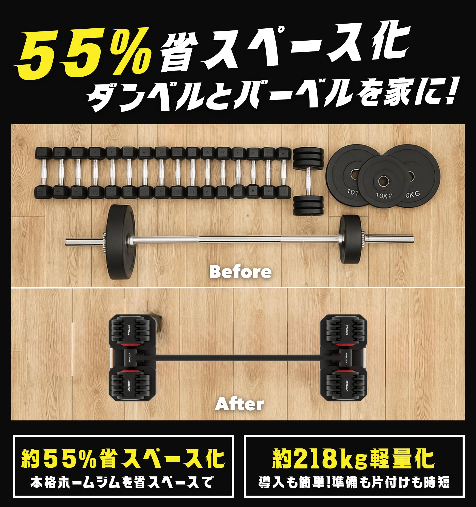 Amazon | FITPEAK 可変式ダンベル 20kg 2個セット【1.1秒で重量変更