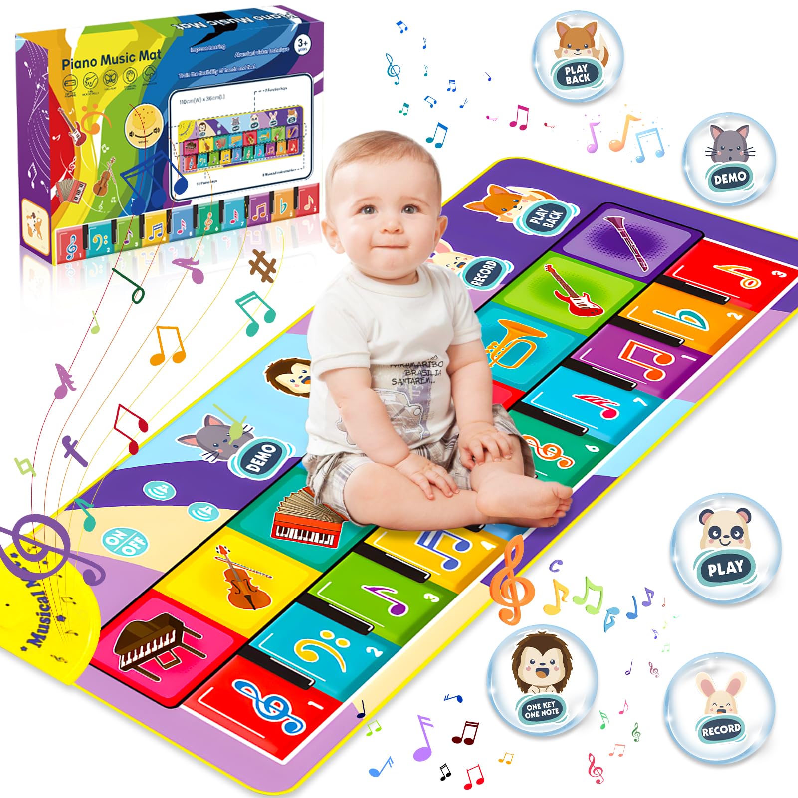 ENCOUN Alfombra Musical, Alfombra de Piano para Niños, Alfombrilla de Baile con 10 Teclas, Juguetes Educativos Regalos para Niños Niñas 1 2 3 Años（110 * 36 cm）