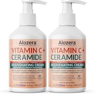 Alozera Vitamin C Body Lotion with Ceramides & Stem Cells, Anti-Aging Moisturizer Cream for Noticeably Youthful, Even Skin Tone, Lightweight, Fragrance-Free, 16.9 oz 2-Pack