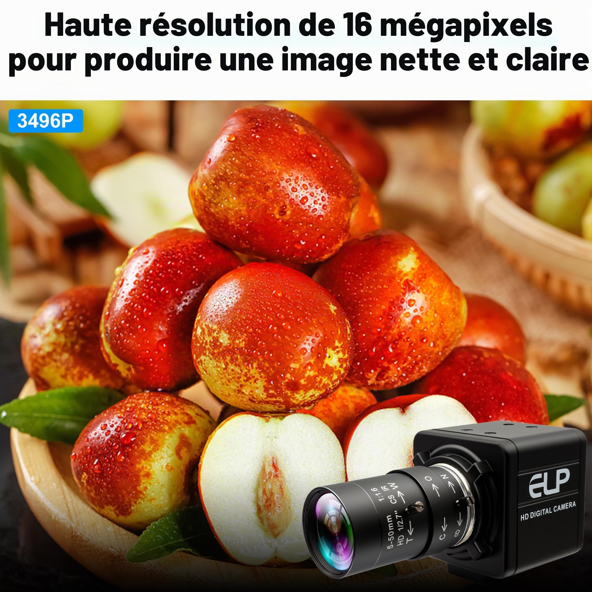 ELP Caméra USB 16 mégapixels haute résolution 5K USB avec monture CS 5-50 mm Objectif Varifocus manuel Gros plan OpenCV Caméra pilote gratuit pour Windows Linux Laptop Jetson Nano