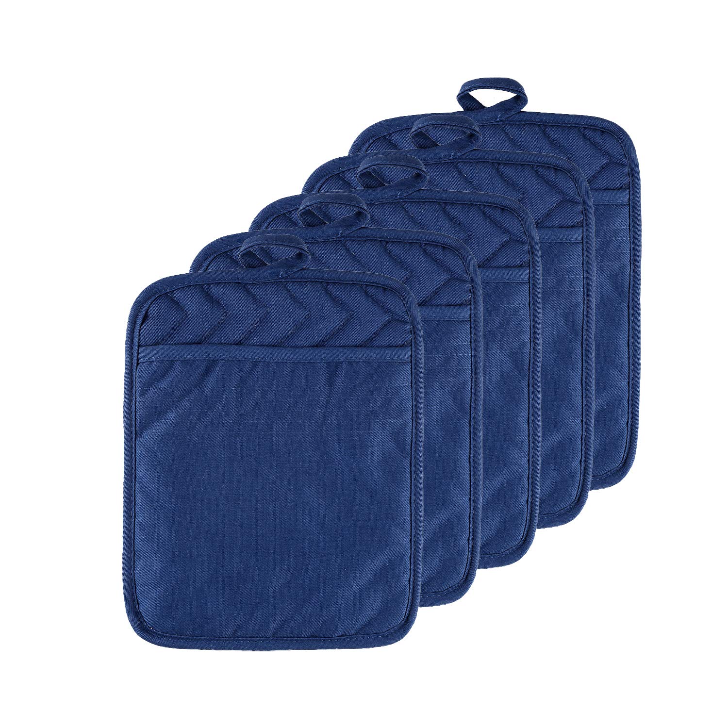 Oven Pot Holder with Pocket Cotton Heat Resistant Coaster Potholder Kitchen Hot Pad Oven Mitts for Cooking Square 7"x9"Set of 5 (Blue)