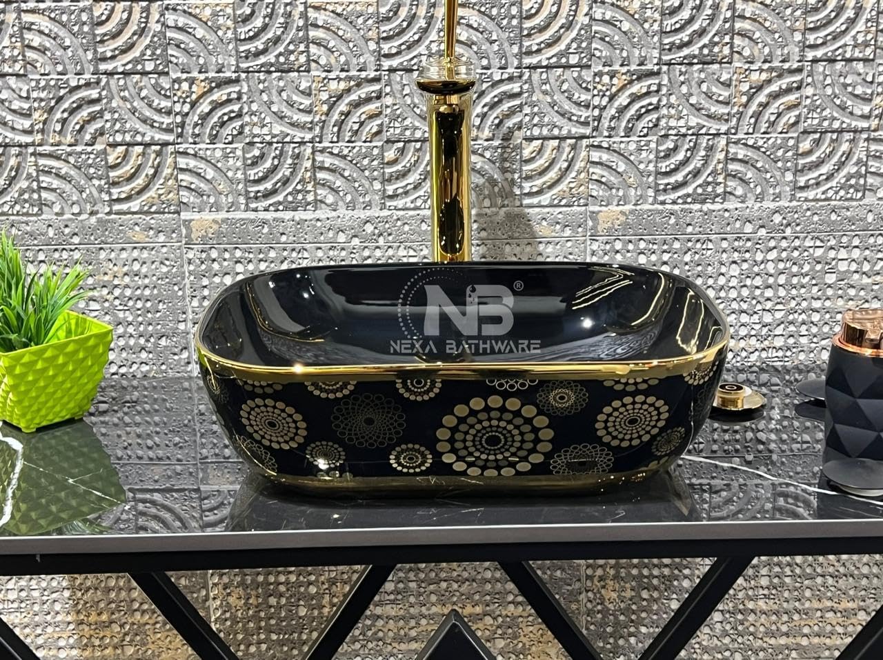 Nexa Bathware Rectangular shape Luxury Table Top Sanitary Ware | Ceramic Countertop Vessel Sink | Wash Basin Over Counter For Bathroom And Livingroom Decor -BLACKGOLD (18X13X6 inch) NC-168 (B0D7HRR4B2) Amazon Price History, Amazon Price Tracker