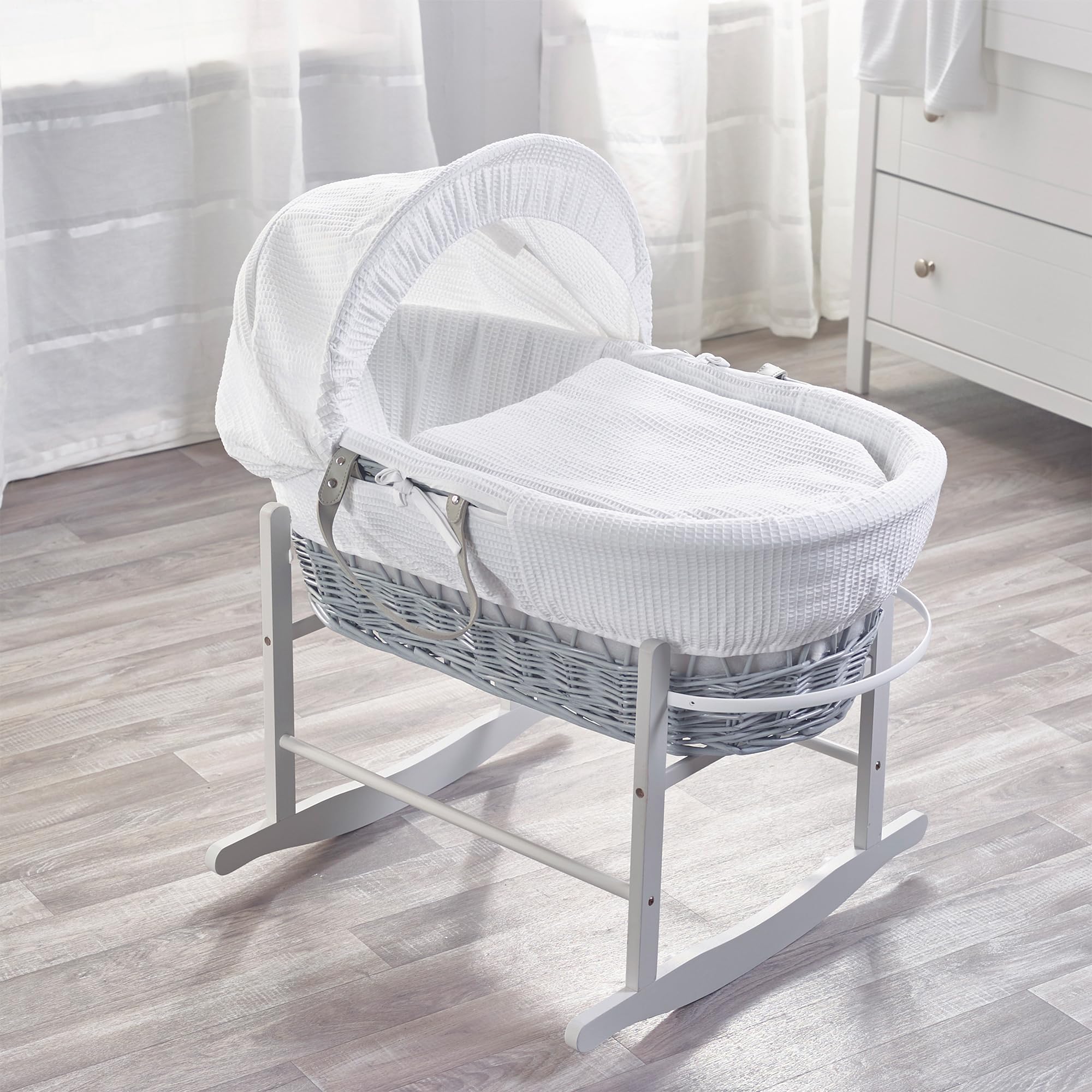 ELEGANT BABY White Waffle Grey Wicker Moses Basket with Chester Grey Rocking Stand, Adjustable Hood, Fibre Mattress & Padded Liner