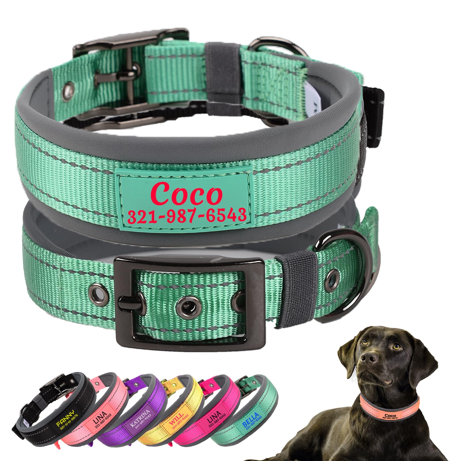 Personalized Dog Collars with Pet Name and Phone Number,Soft Neoprene Padded,Thick Strong Dog Collar,Adjustable Reflective Nylon Collar for Small Medium and Large Dogs,Teal