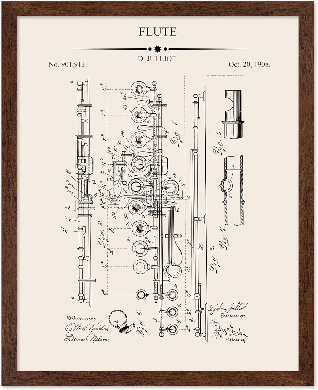 Poster Master Flute Blueprint Poster - Flute Patent Print - Music Art - Musical Instrument Design - Technical Design - Marching Band Decor - Great Office or Music Room Decor - 16x20 Brown Framed