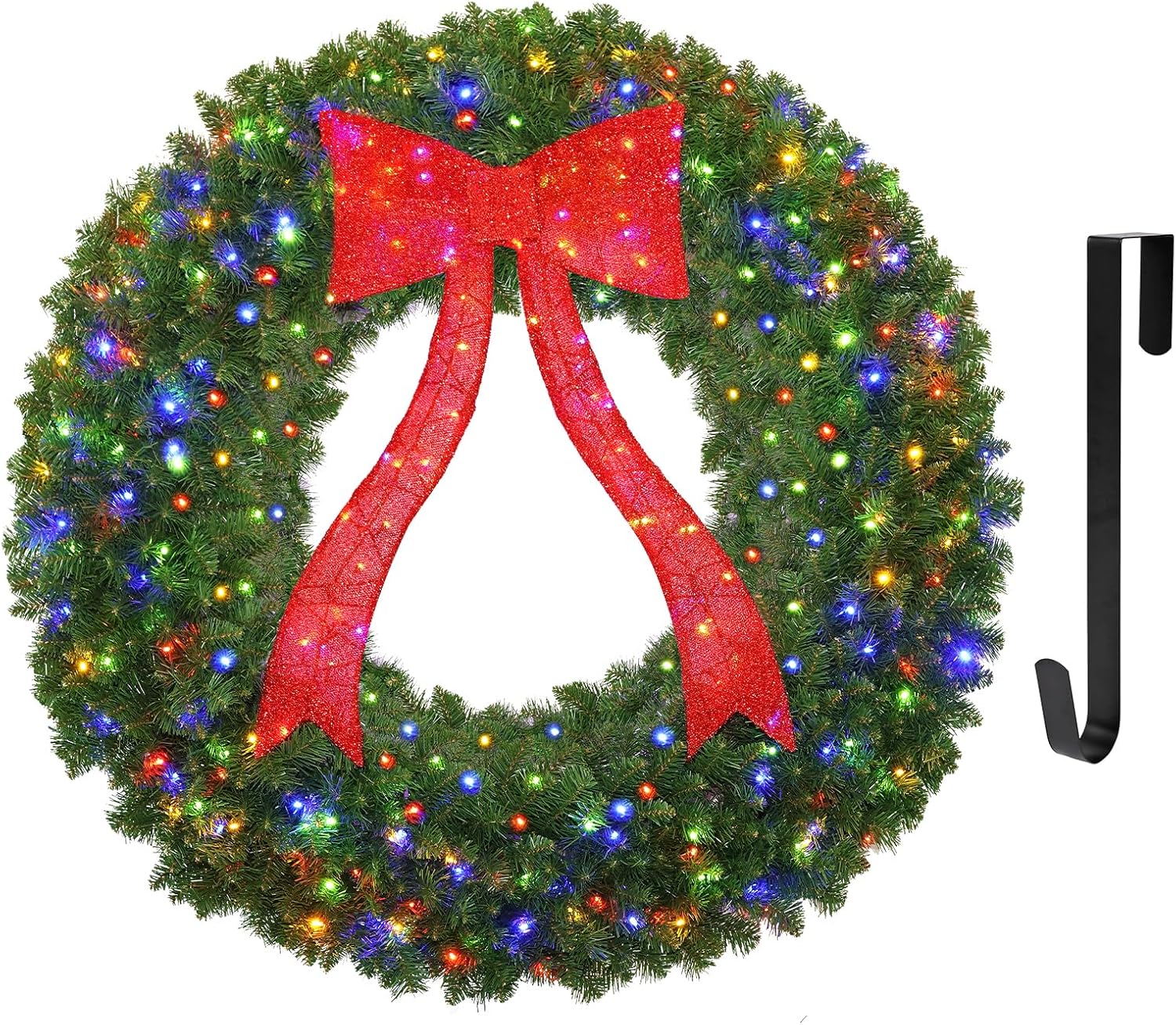 48in prelit christmas wreath - large outdoor christmas wreath with lighted red christmas bow, metal hook, 714 branch tips & 250 multicolor led lights for front door window holidy decor