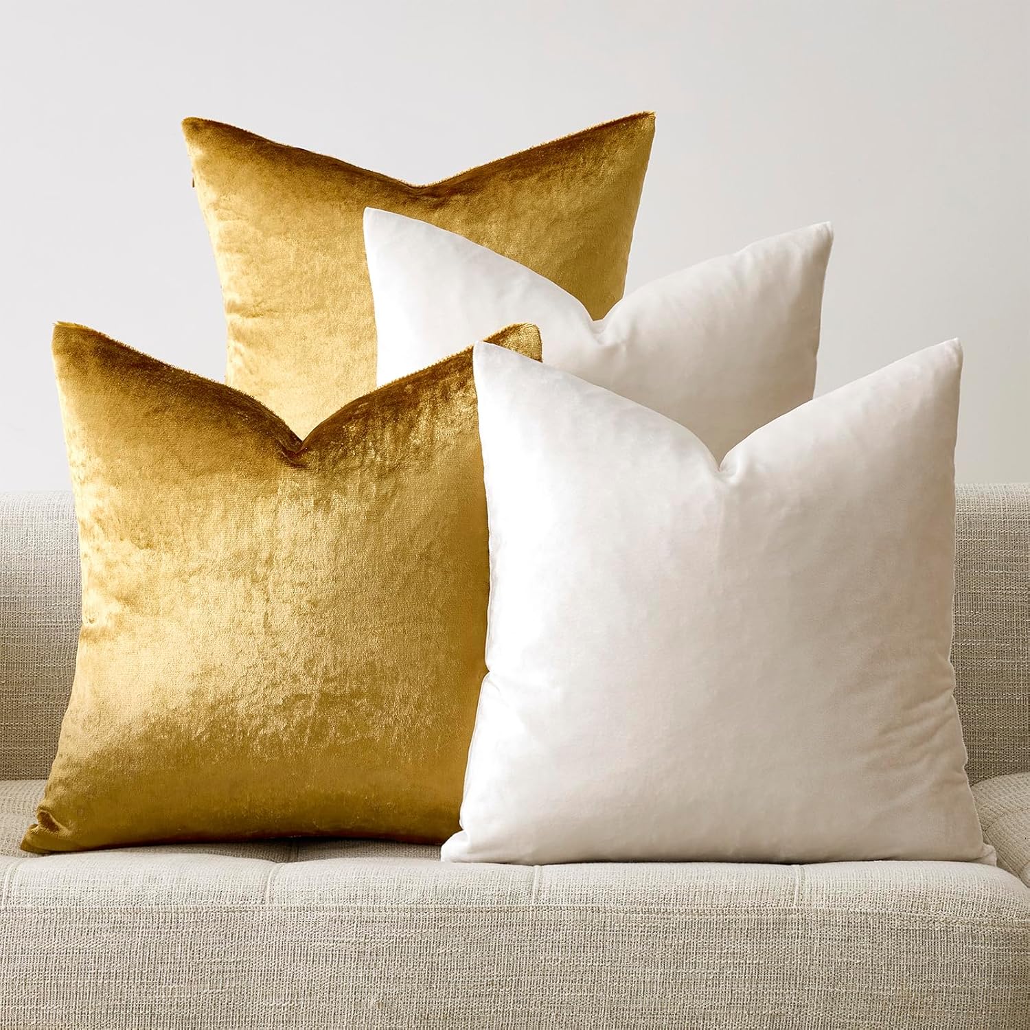 GIGIZAZA Velvet Pillow Covers 18x18,Ivory Gold Soft Throw Pillow Covers Set of 4 Square Decorative Modern Pillows Covers for Living Room Gold+ivory 18" x 18" (Pack of 4)