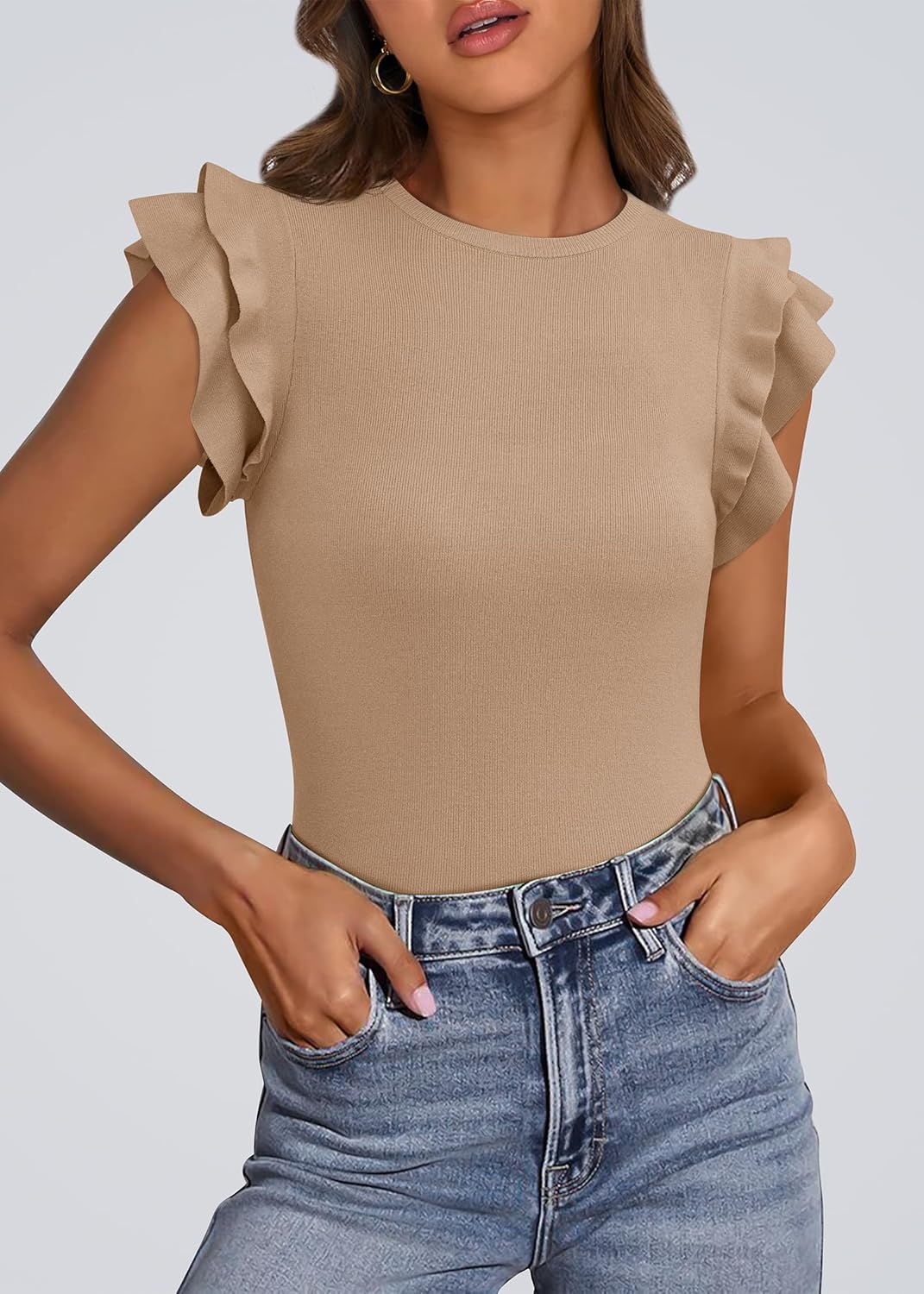 KIRUNDO Summer Sweaters for Women Lightweight 2025 Fall Ruffle Short Sleeve Business Casual Tops Slim Soft Knit T Shirts - Image 4