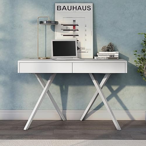 Miniatura 9 de 247 Shop at Home Idris Mid-Century - Escritorio moderno de madera con 2 cajones con puerto USB, toma de corriente para estación de trabajo, oficina