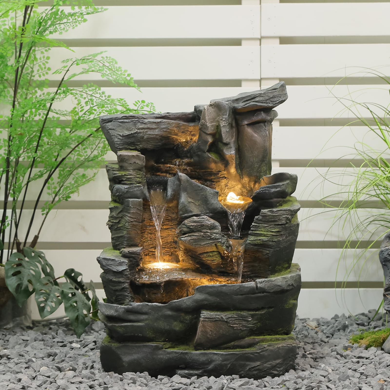 Sunlinua 5-Tier Cascading Rock Water Fountain Outdoor - 23.6”H Indoor/Outdoor Modern Floor Standing Water Fountain Garden, Patio, Backyard, Deck,