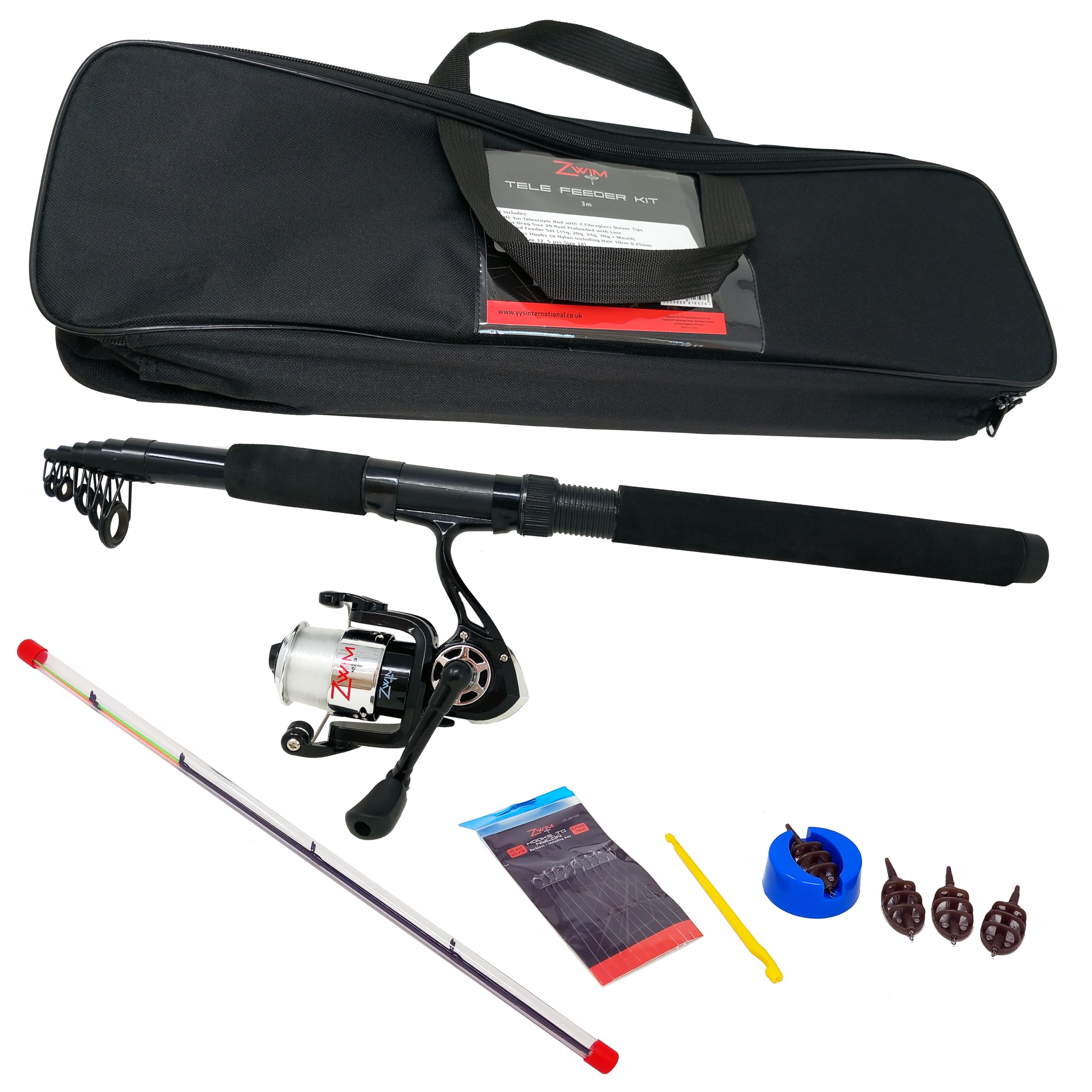 ZWIM - Complete Feeder Ledger Tele Fishing Set - 3m Telescopic Rod Size 30 Front Drag Reel 2 Quiver Tips & Method Feeders & Assorted Terminal Tackle Contained in Carry Bag [12K-20FT300]