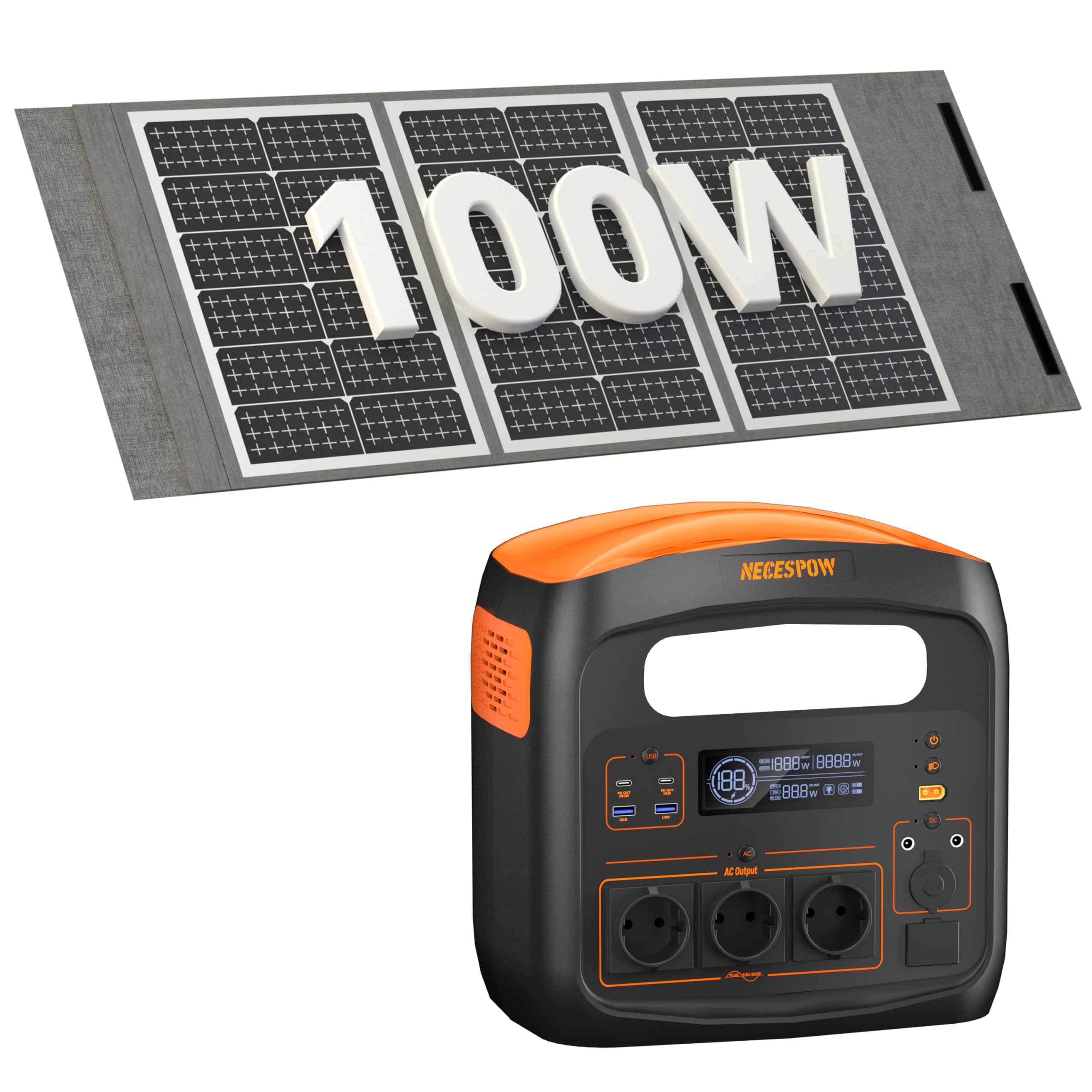 Estación de energía portátil con panel solar de 100 W, generador solar de 1800 W, batería LiFePO4 de 1024 Wh, PD 100 W, USB-C/AC/DC, carga solar, para camping, energía de emergencia, exterior