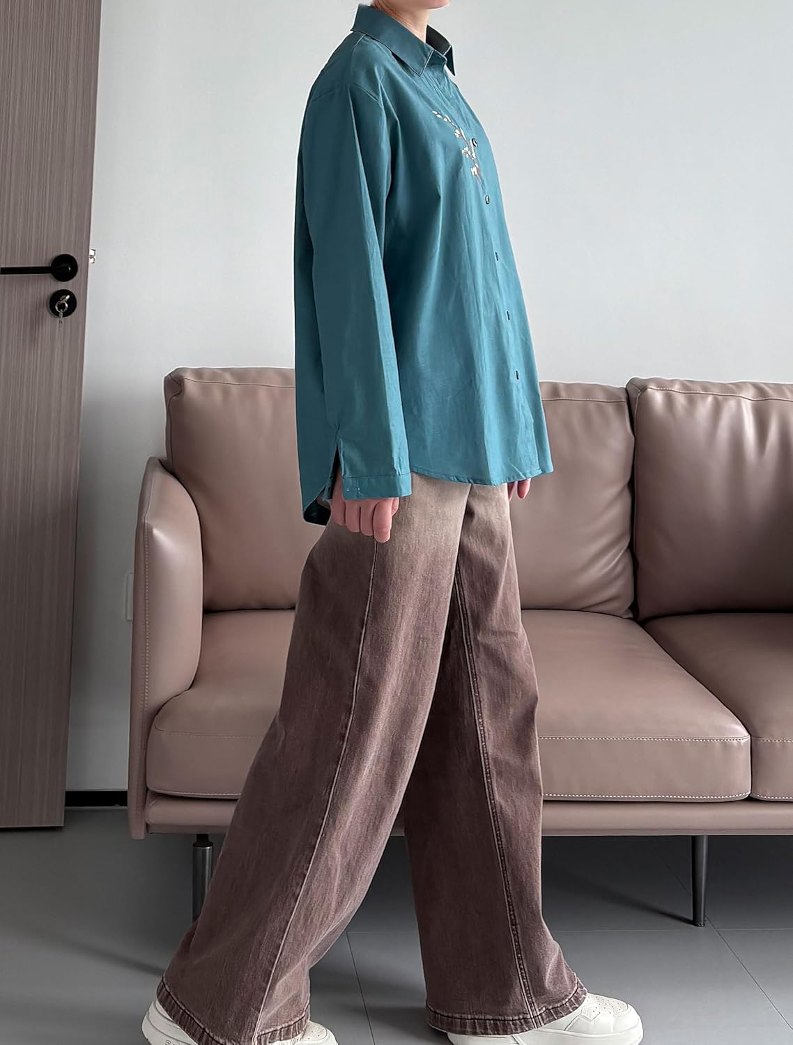 Minibee Women's Button Down Shirts Cotton Linen Long Sleeve Collared Casual Blouses Embroidered Tunic Tops - Image 3