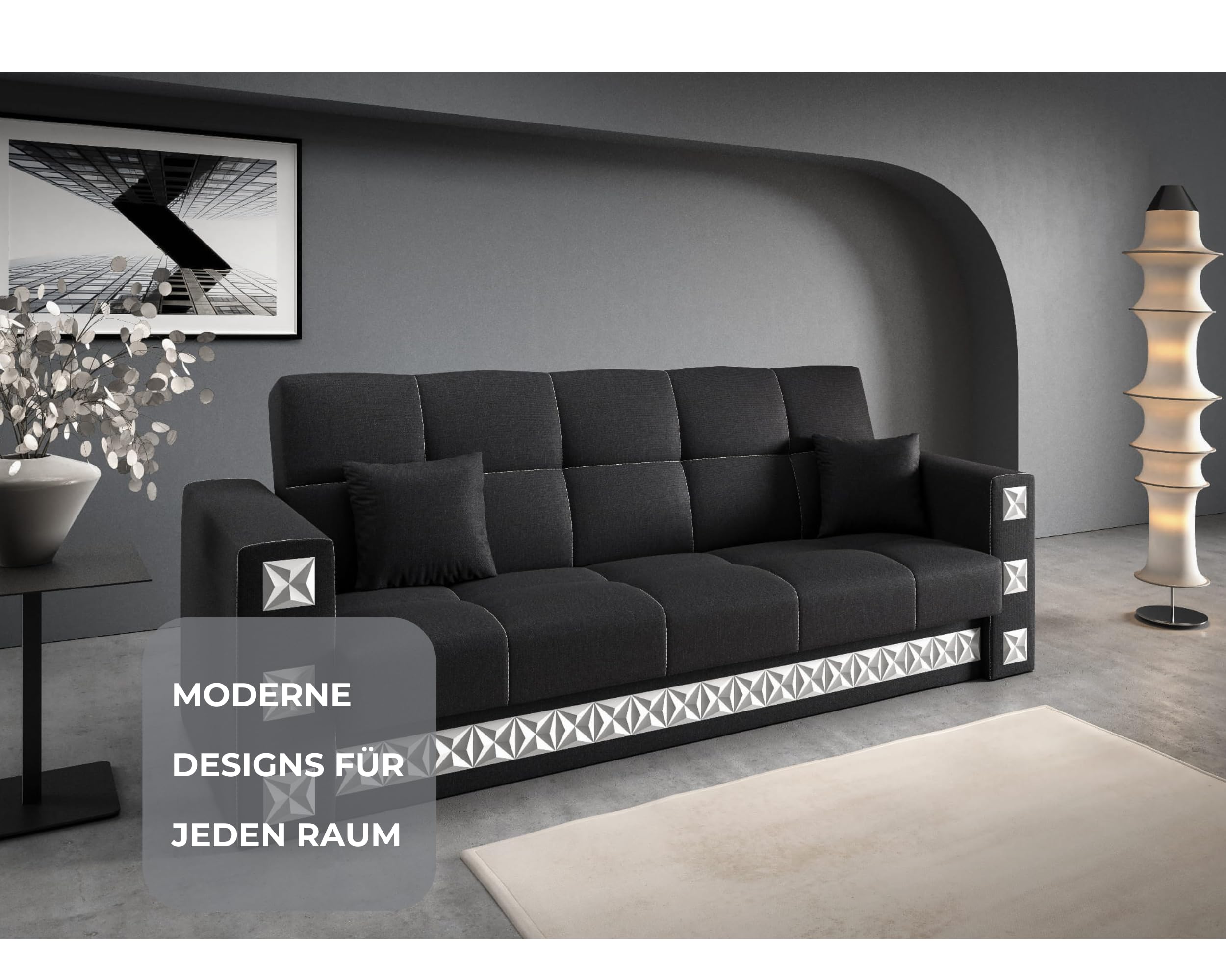 LIKMA Rozkładana Wersalka Manila Szaro/Czarna 221x91x85 cm z Funkcją Spania, Pojemnikiem na Pościel, 2 Poduszki; Sofa w Tkaninie Inari 91+100