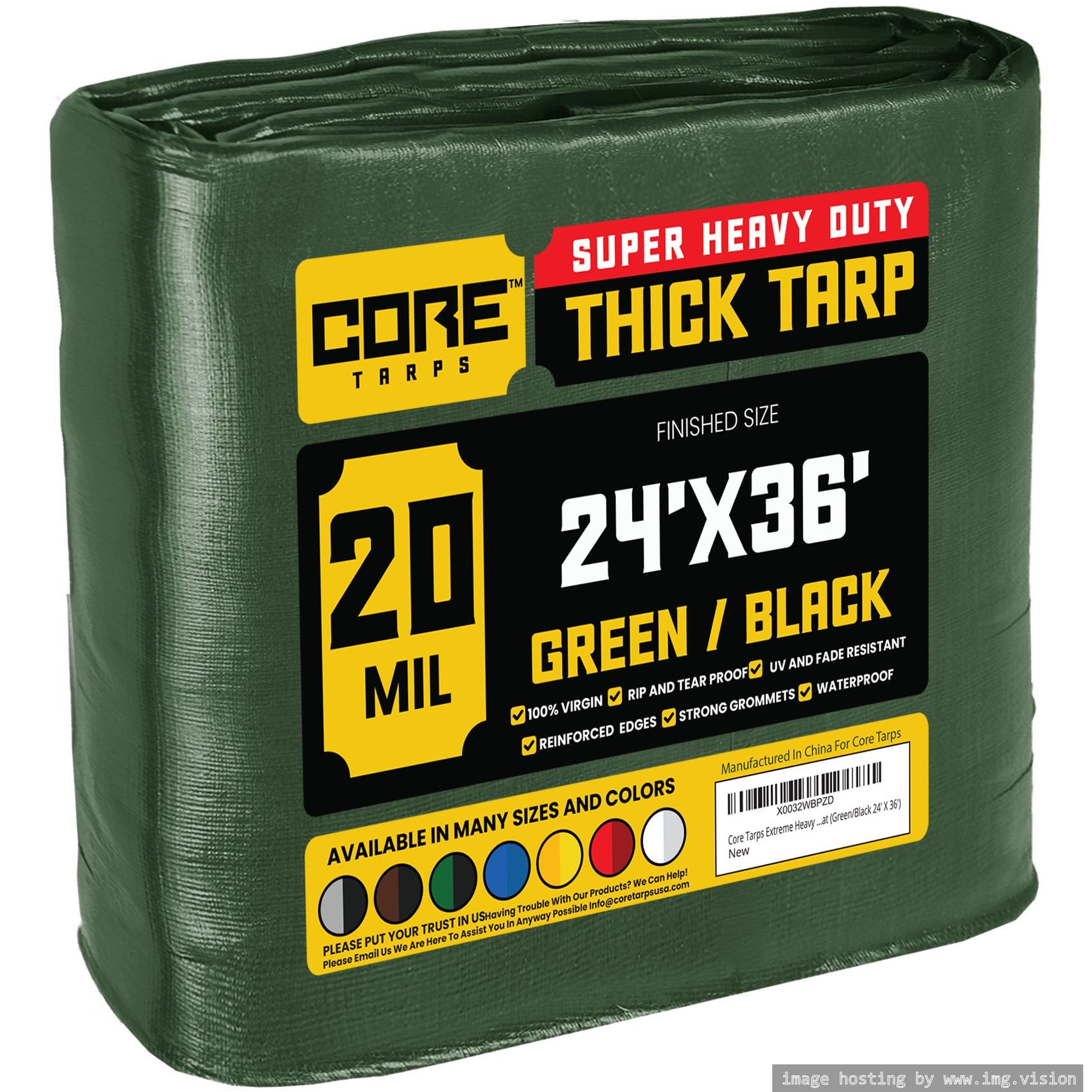 Core Tarps Extreme Heavy Duty 20 Mil Tarp Cover, Waterproof, UV Resistant, Rip and Tear Proof, Poly Tarpaulin with Reinforced Edges for Roof, Patio, Pool, Boat (Green/Black 24′ X 36′)
