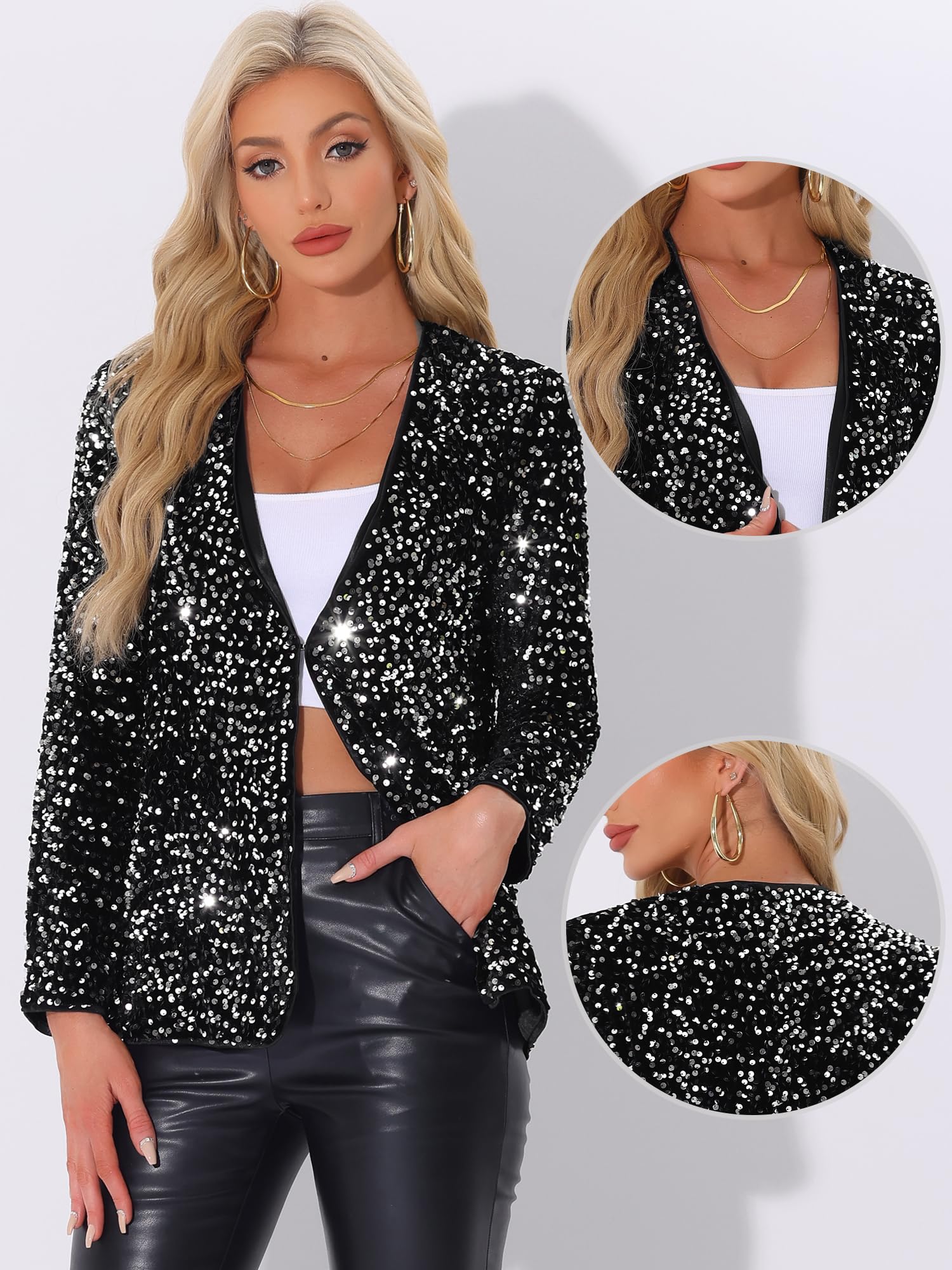 Allegra K Mujer Cárdigan Blazer Lentejuelas Manga Larga Abierto Fiesta