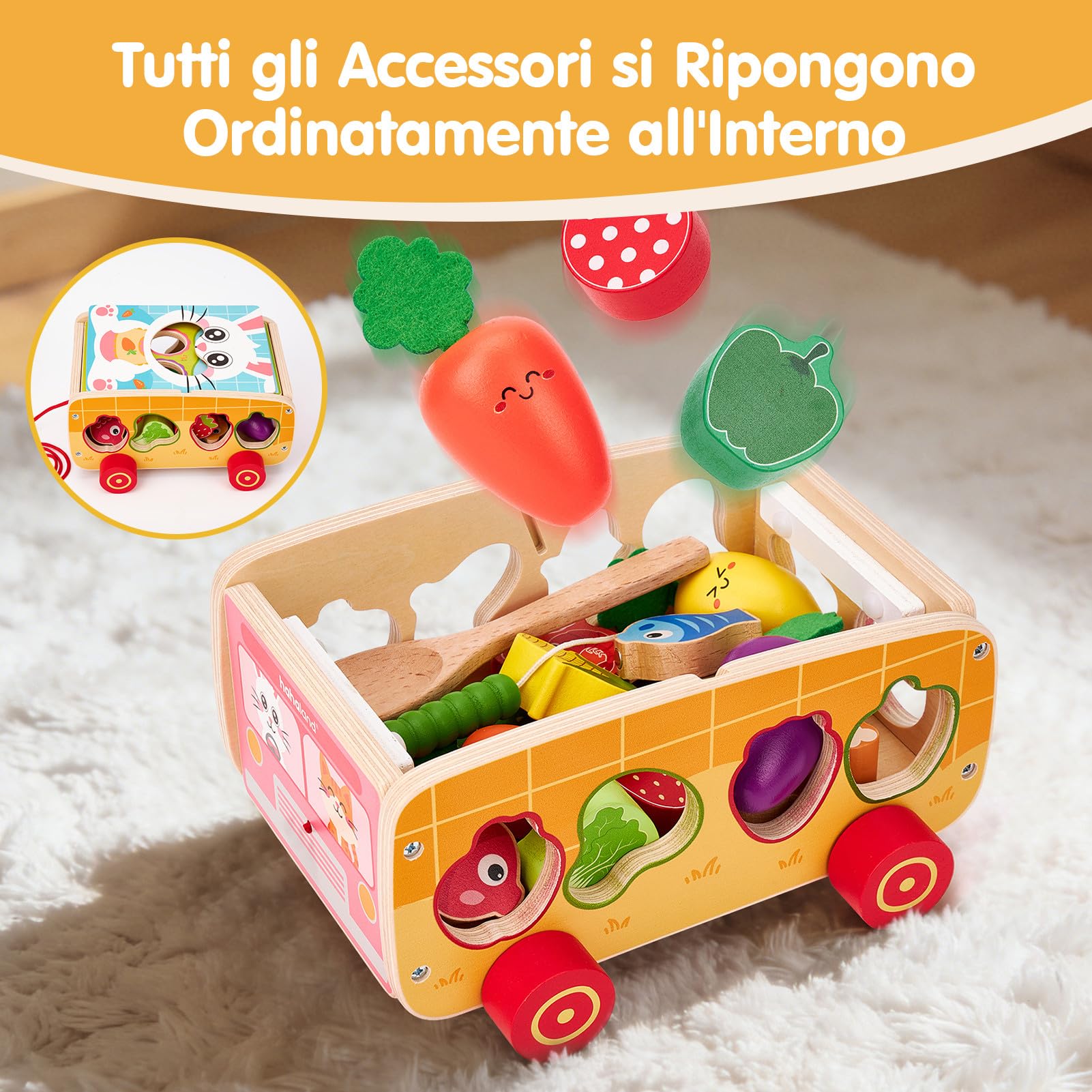 hahaland Giochi Montessori in Legno 1 2 3 Anni, 7 attività Educative con Pesca Magnetica, Motricità Fine e Carrellino Trainabile, Regalo per Bambini Bambina 18 Mesi