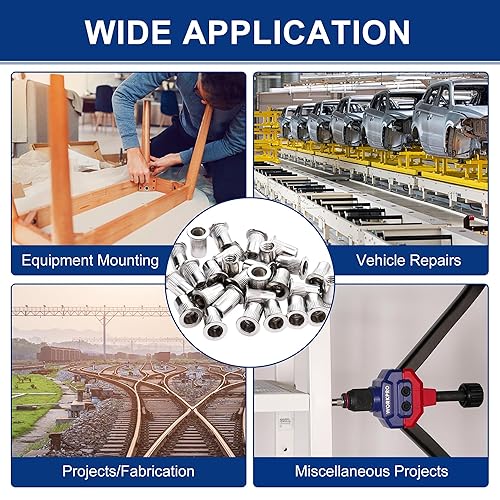 Miniatura 6 de WORKPRO 50 tuercas de remache, tuerca remachable de acero inoxidable de 14"-20, cabeza plana roscada con cuerpo moleteado