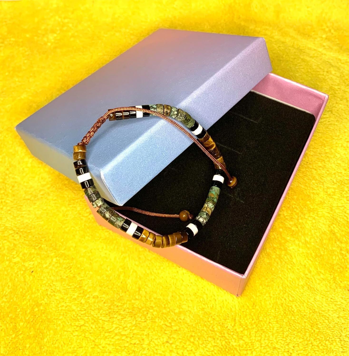 Natural Tiger Eye Turquoise White Howlite Stone Woven Adjustable Energy Bracelet for Men Women, Healing Crystal Beaded Stretch Spiritual Gift with Gift Box (A) - Image 7